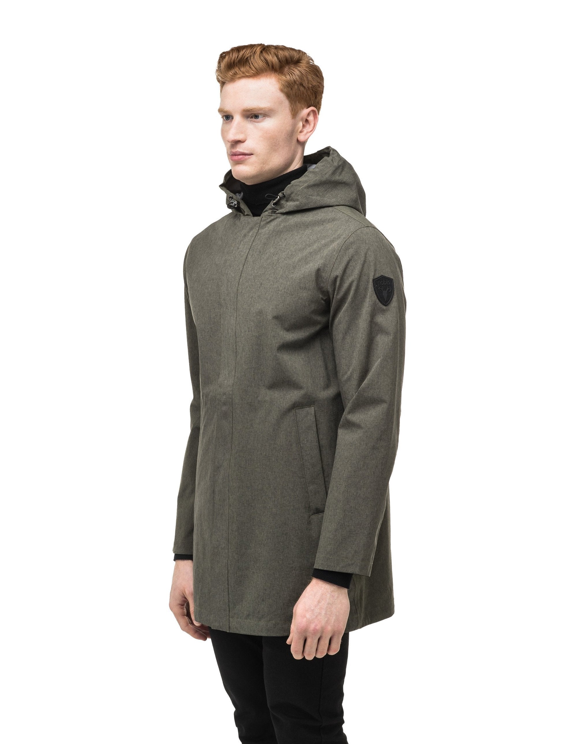 Men's thigh length rain coat with hood in Army Green