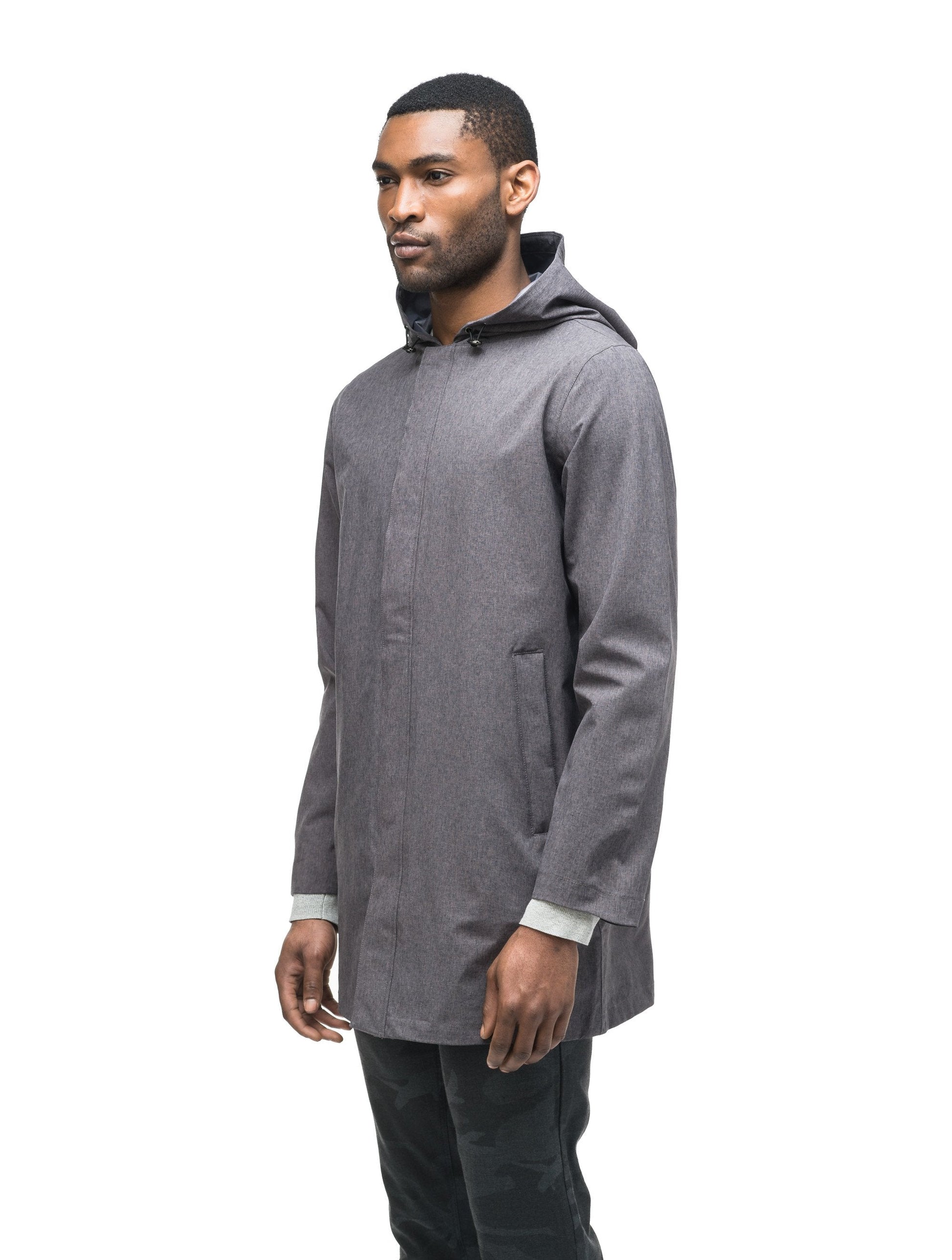 Men's thigh length rain coat with hood in Dk Grey