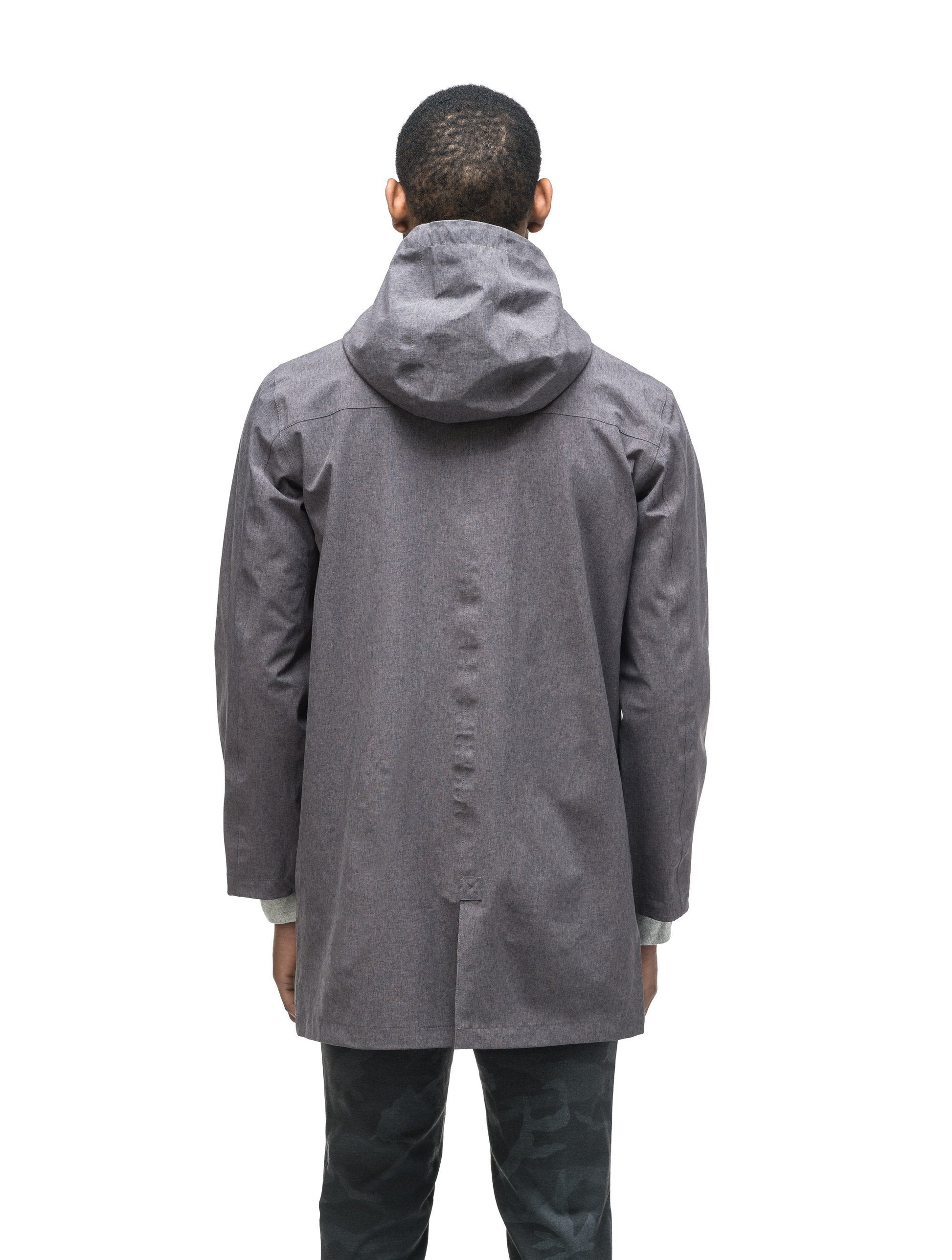 Men's thigh length rain coat with hood in Dk Grey