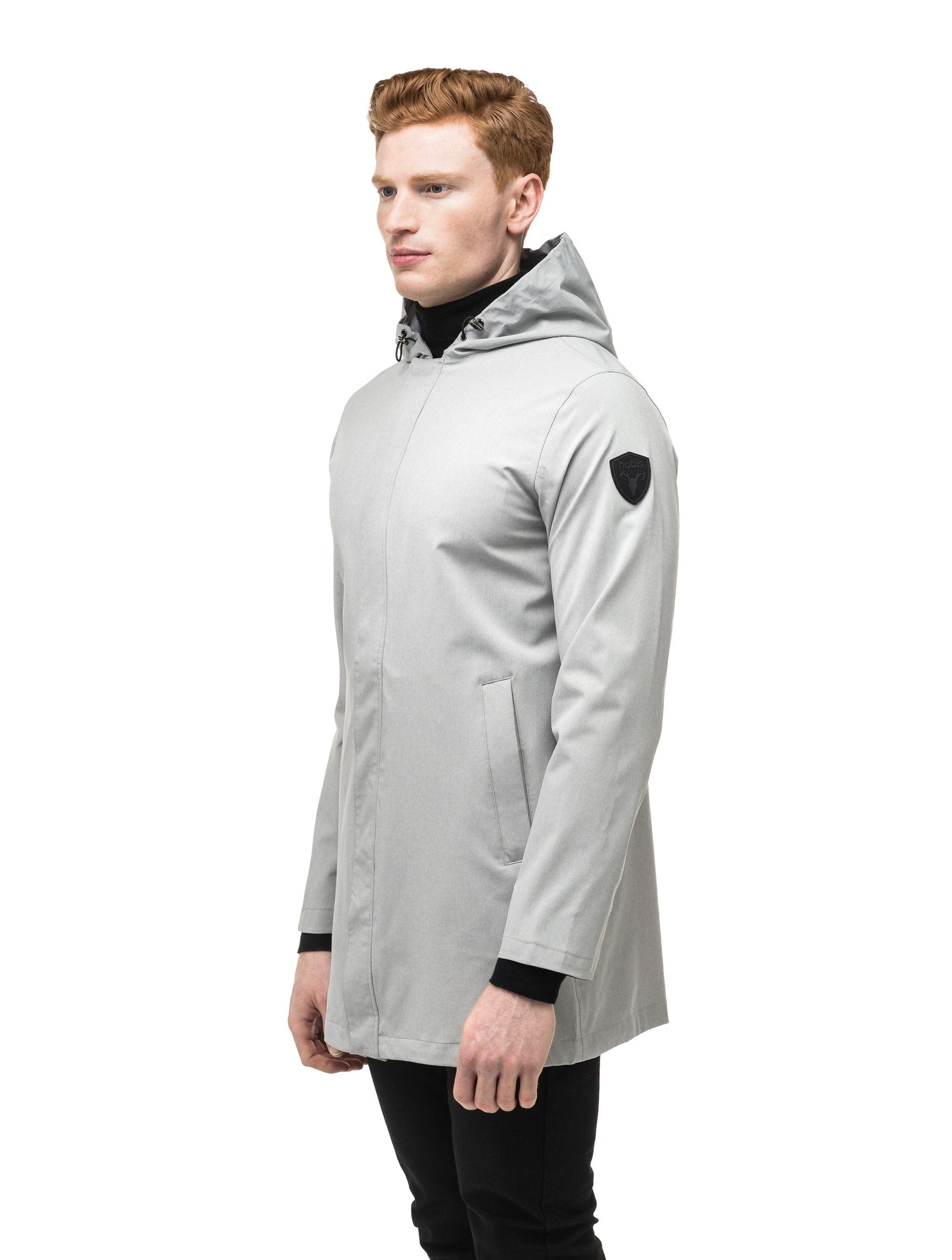 Men's thigh length rain coat with hood in Light Grey