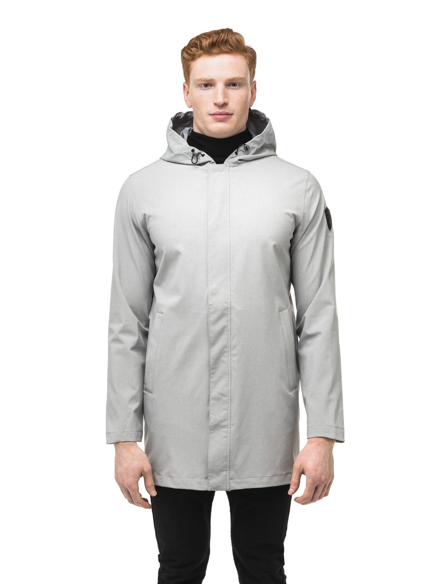 Men's thigh length rain coat with hood in Light Grey