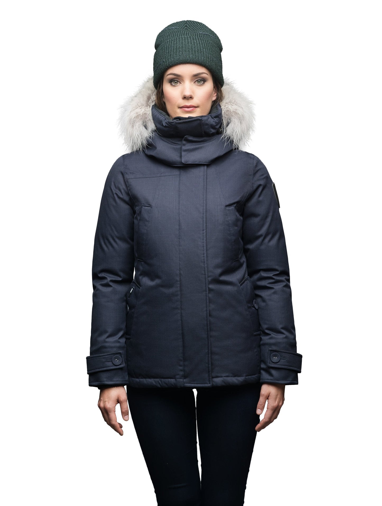 Women's down filled waist length parka with removable fur trim and removable hood in CH Navy