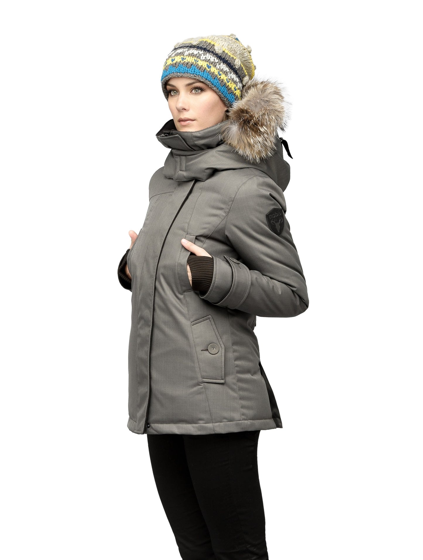 Women's down filled waist length parka with removable fur trim and removable hood in CH Steel Grey