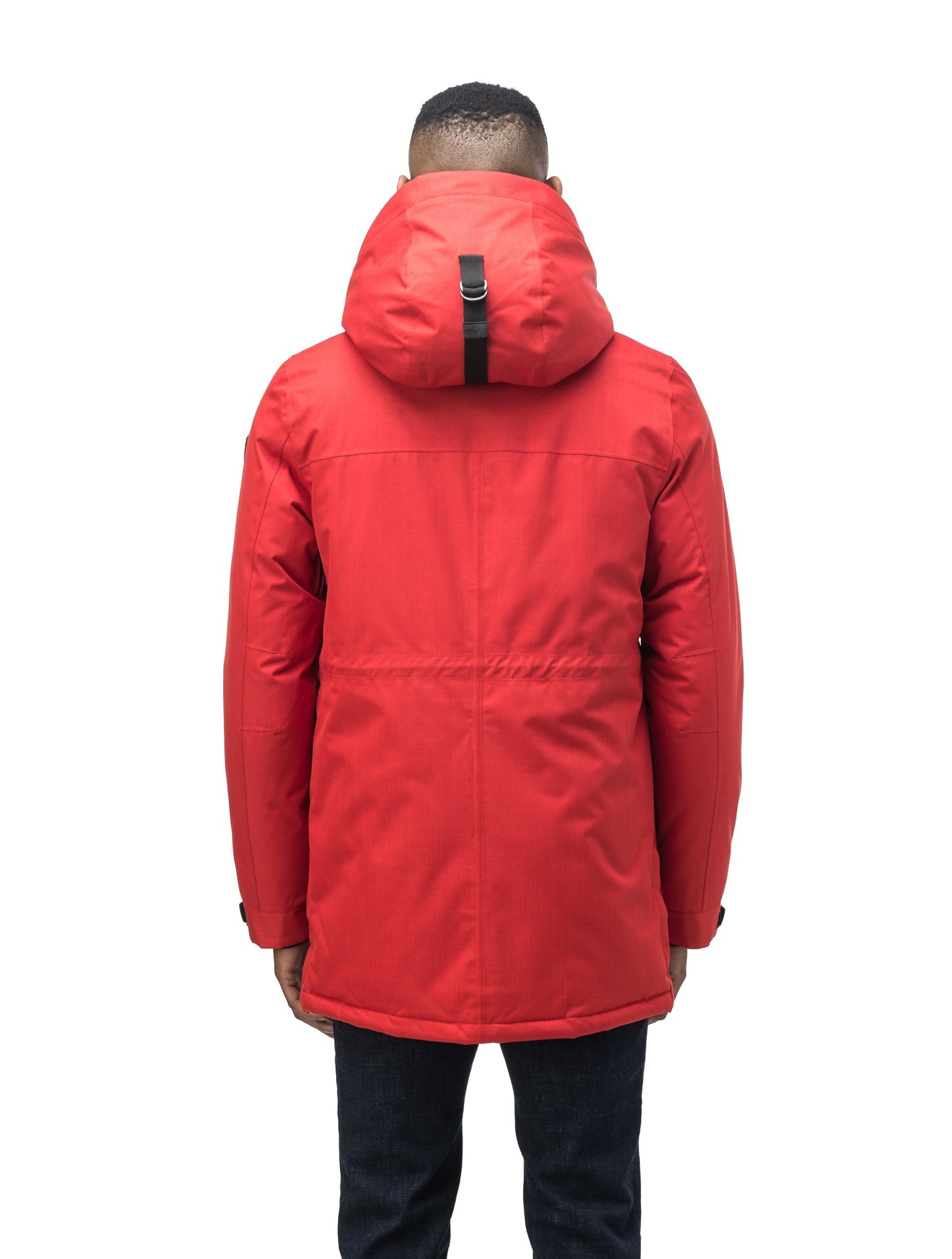 Mid weight men's down filled parka with two patch pockets at the hip and snap closure side vents in Vermillion