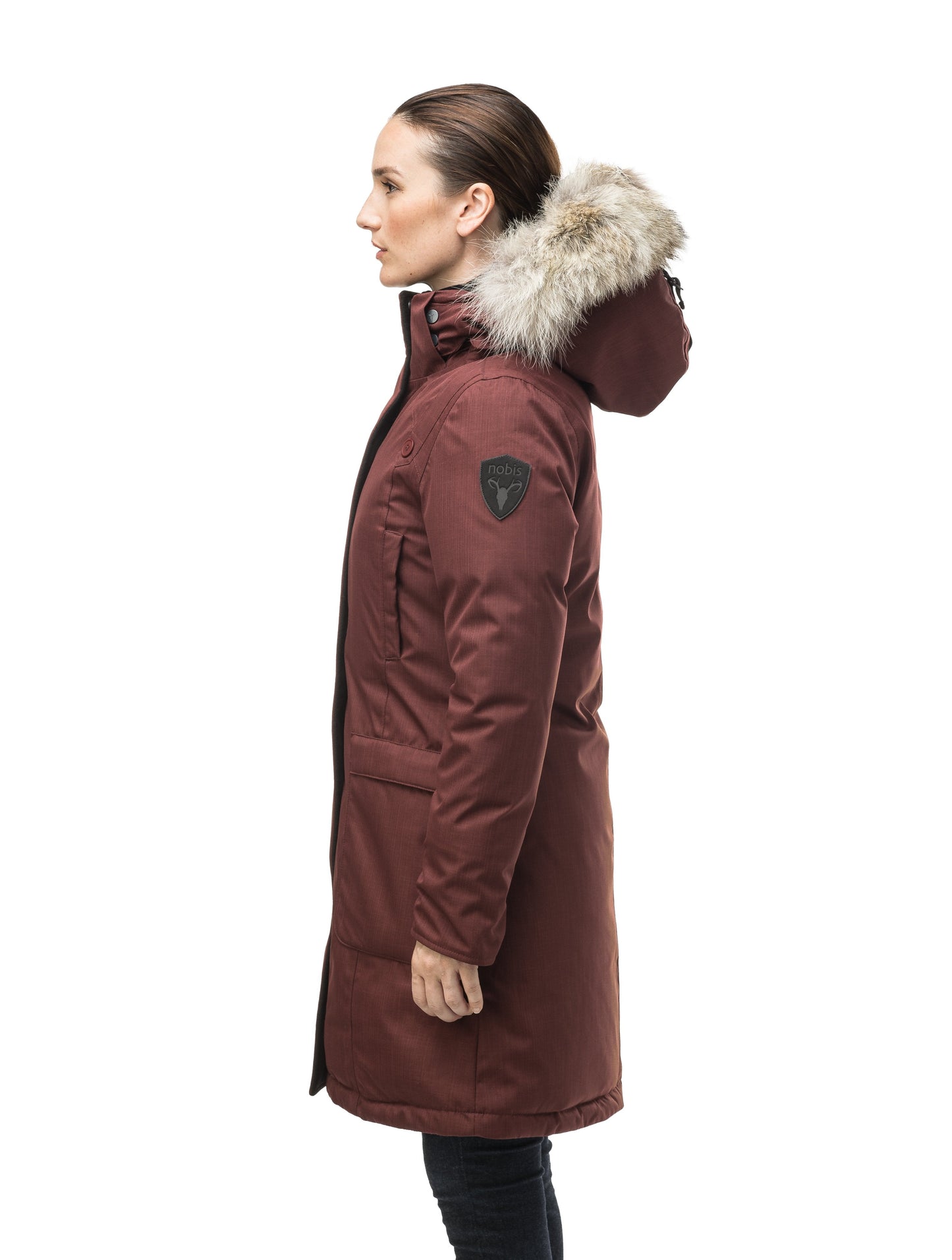 Best selling women's down filled knee length parka with removable down filled hood in CH Rum