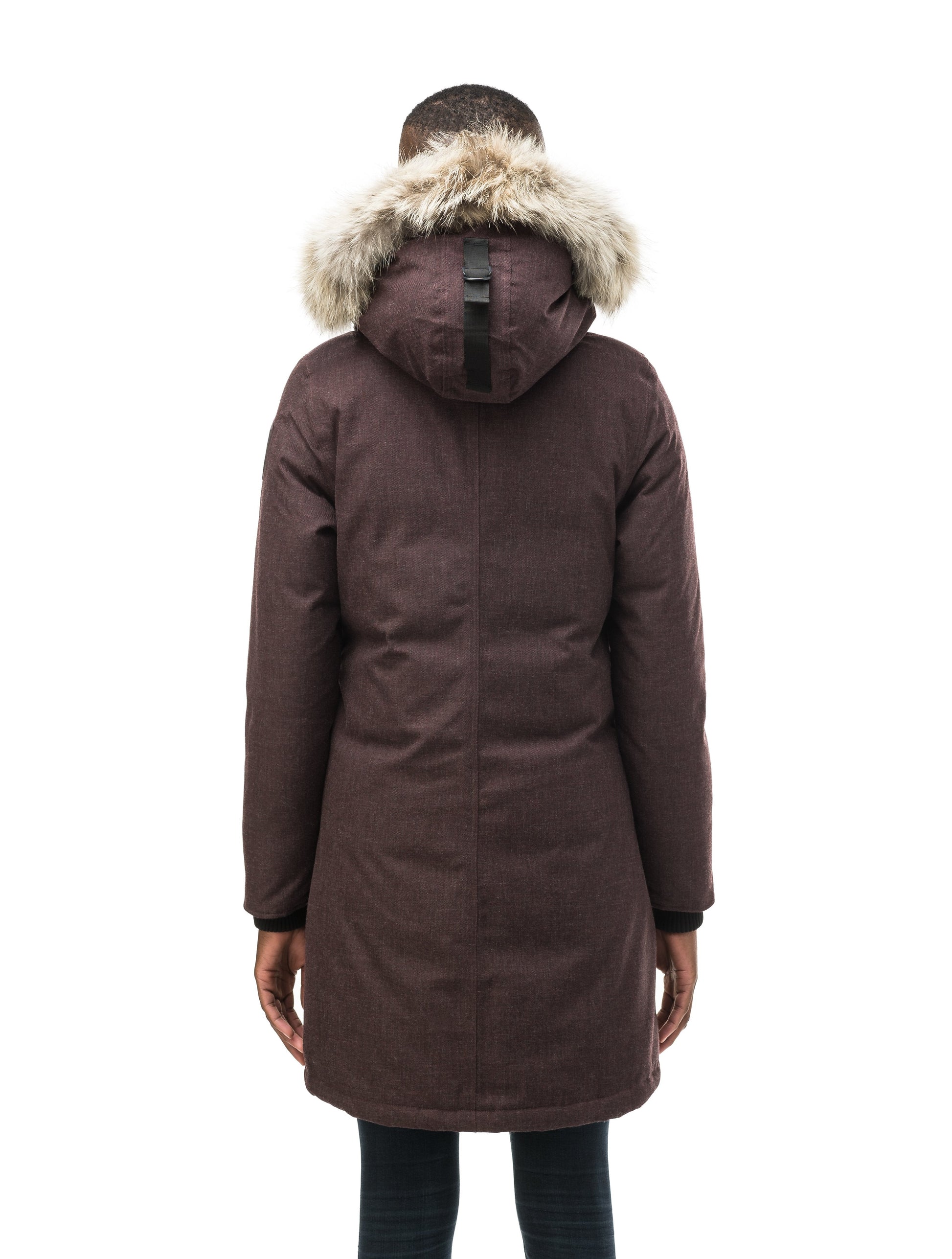 Best selling women's down filled knee length parka with removable down filled hood in H. Burgundy