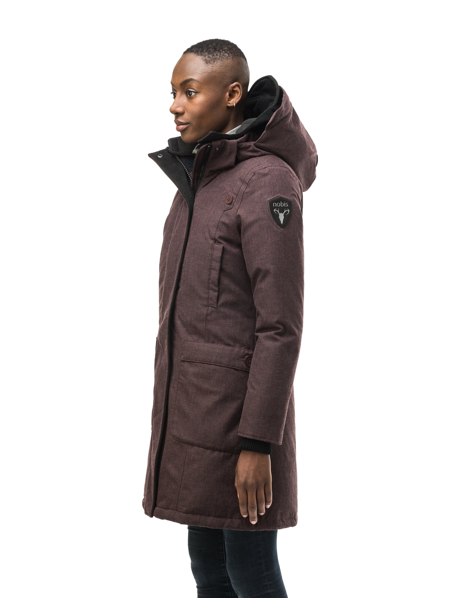 Best selling women's down filled knee length parka with removable down filled hood in H. Burgundy