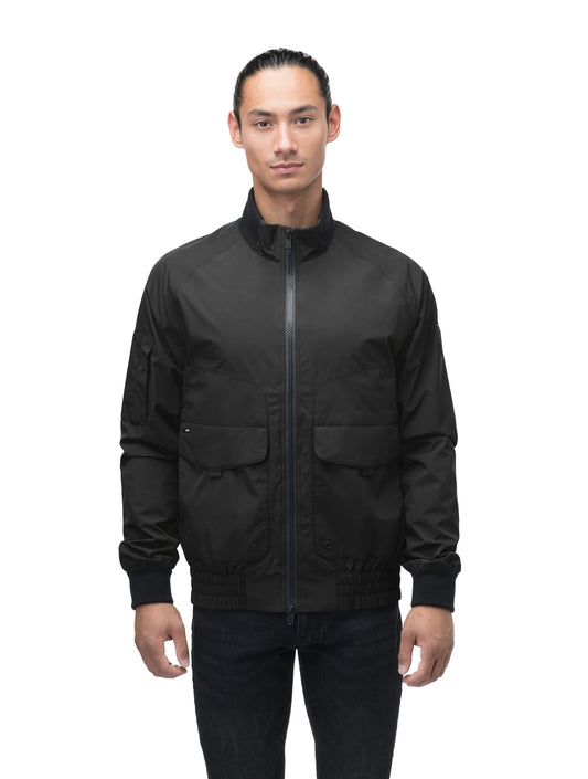 Men's hip length waterproof bomber jacket with 2-way zipper in Black + Black