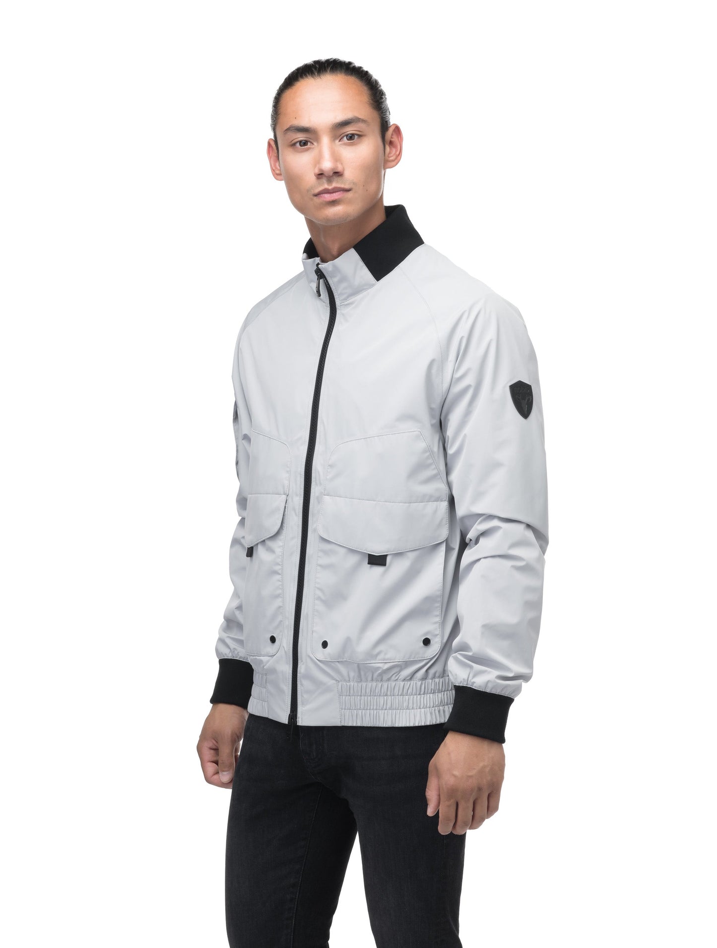 Men's hip length waterproof bomber jacket with 2-way zipper in Light Grey