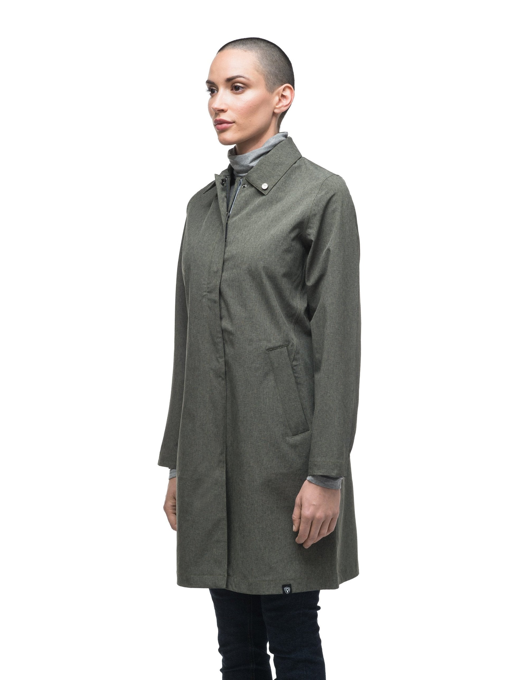 Women's thigh length collared rain jacket in Army Green