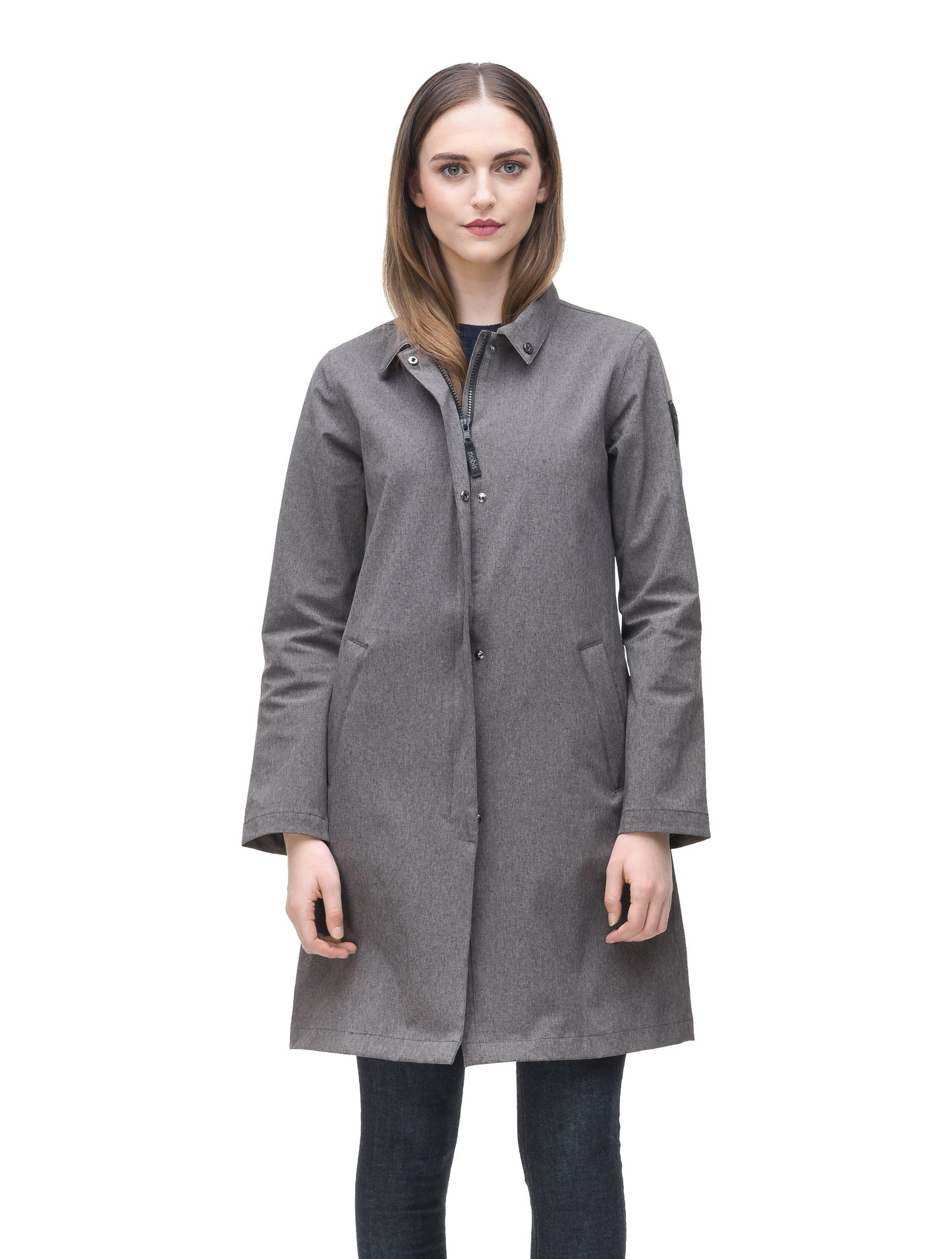 Women's thigh length collared rain jacket in Dk Grey