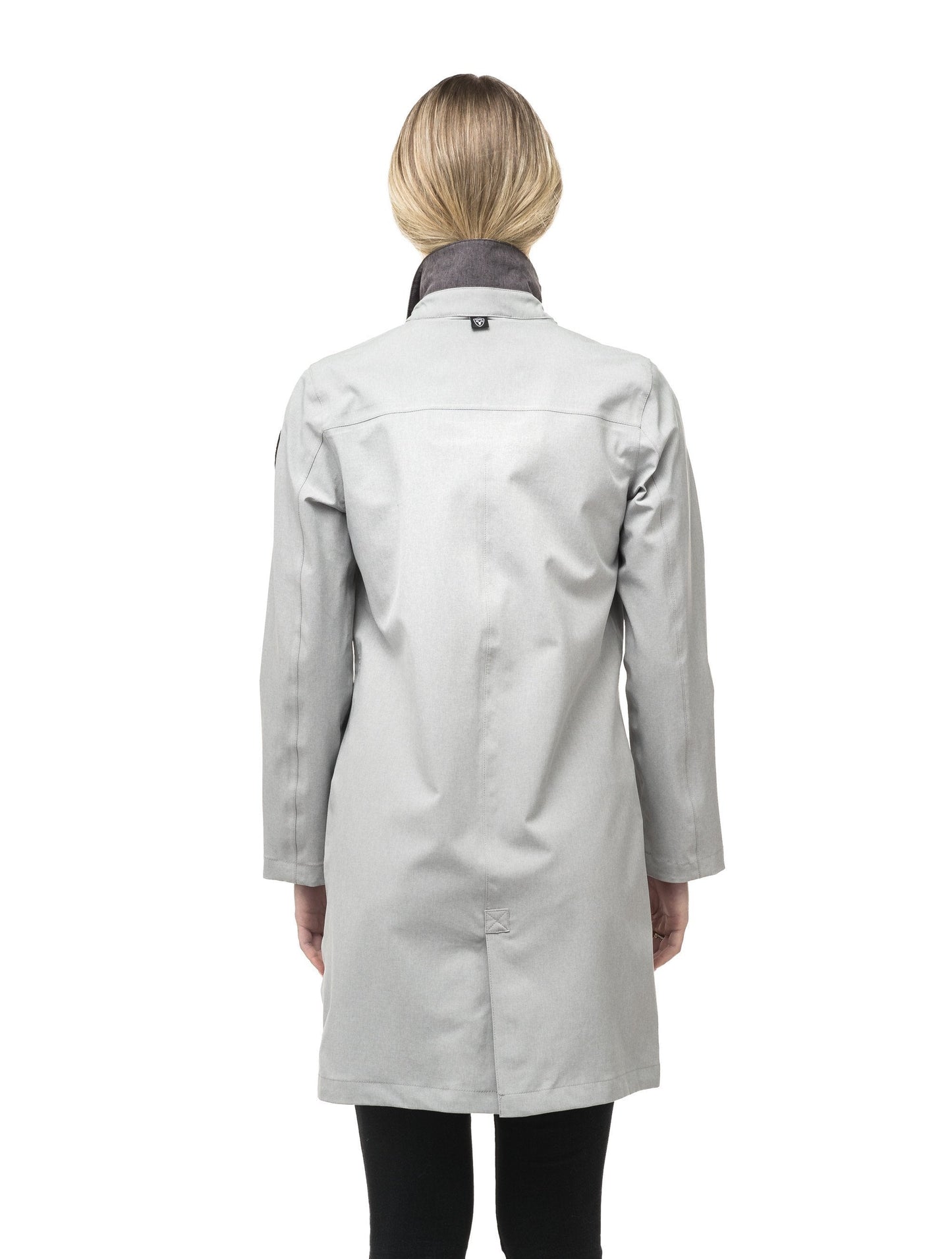 Women's thigh length collared rain jacket in Light Grey