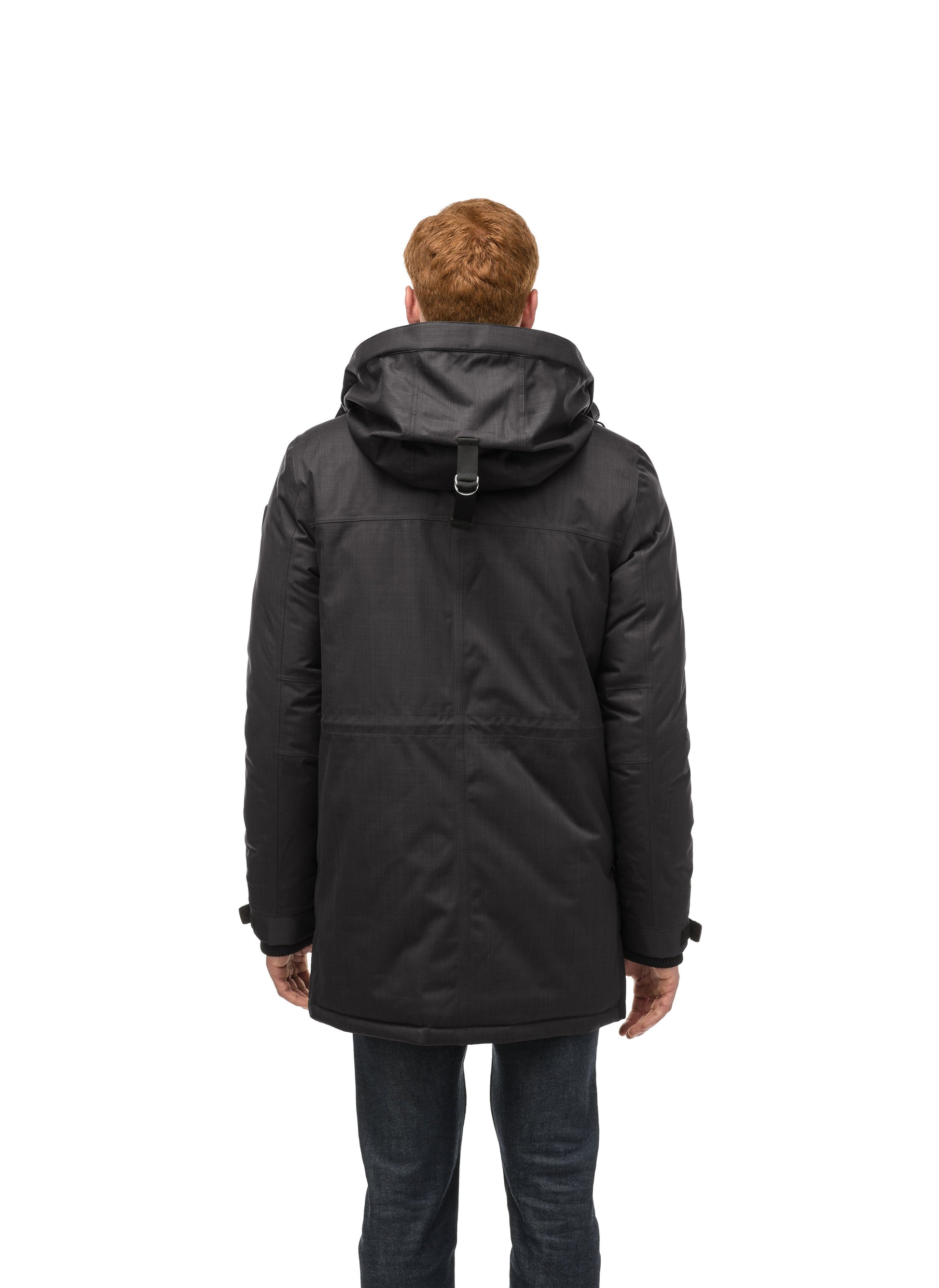 Mid weight men's down filled parka with two patch pockets at the hip and snap closure side vents in Black