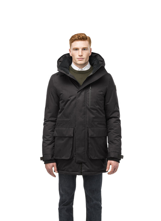 Mid weight men's down filled parka with two patch pockets at the hip and snap closure side vents in Black