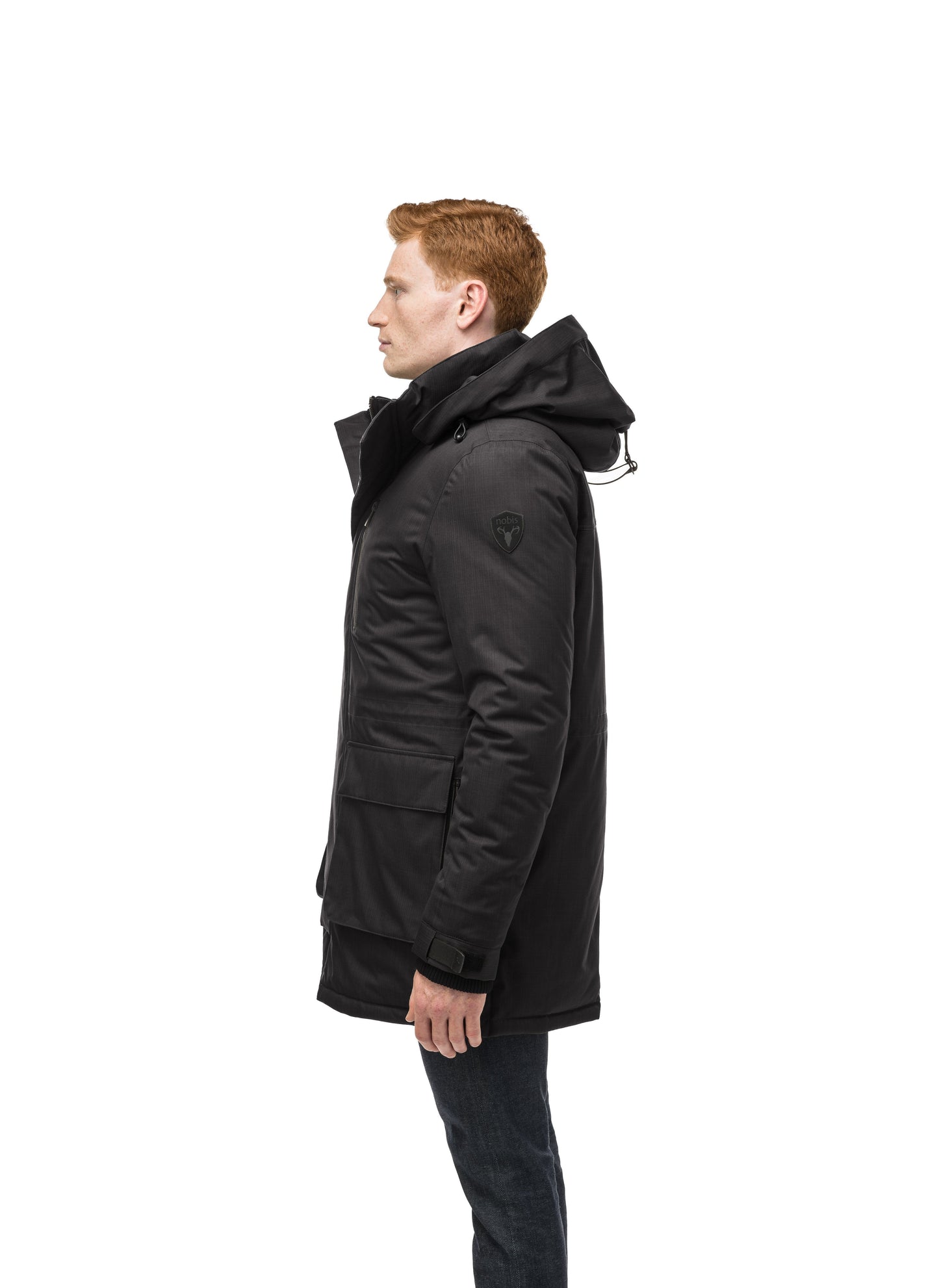 Mid weight men's down filled parka with two patch pockets at the hip and snap closure side vents in Black