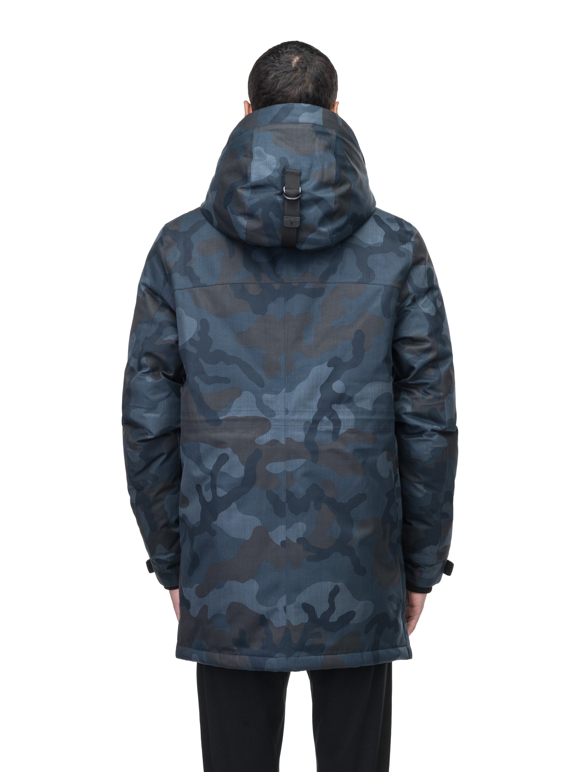 Mid weight men's down filled parka with two patch pockets at the hip and snap closure side vents in Navy Camo