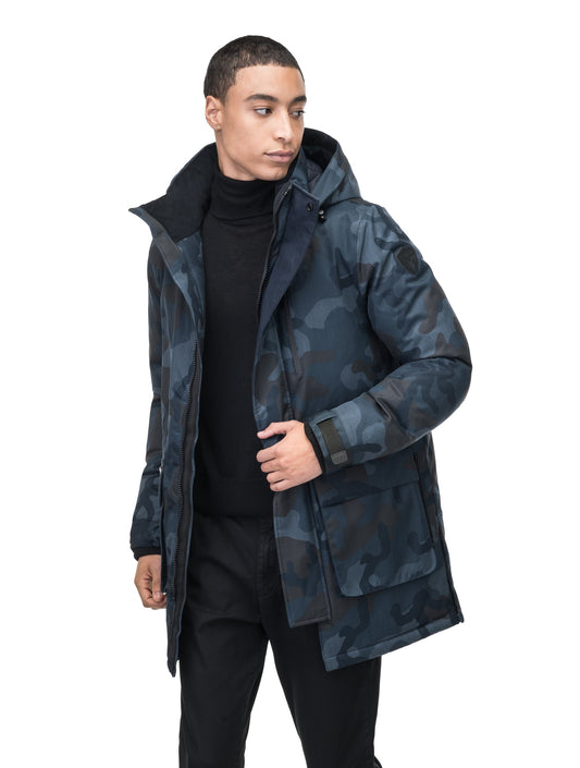 Mid weight men's down filled parka with two patch pockets at the hip and snap closure side vents in Navy Camo + Navy Camo