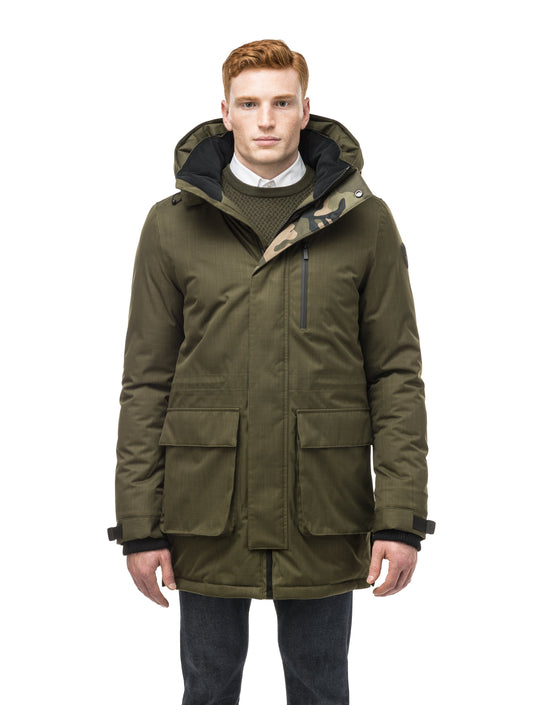 Mid weight men's down filled parka with two patch pockets at the hip and snap closure side vents in Fatigue + Fatigue