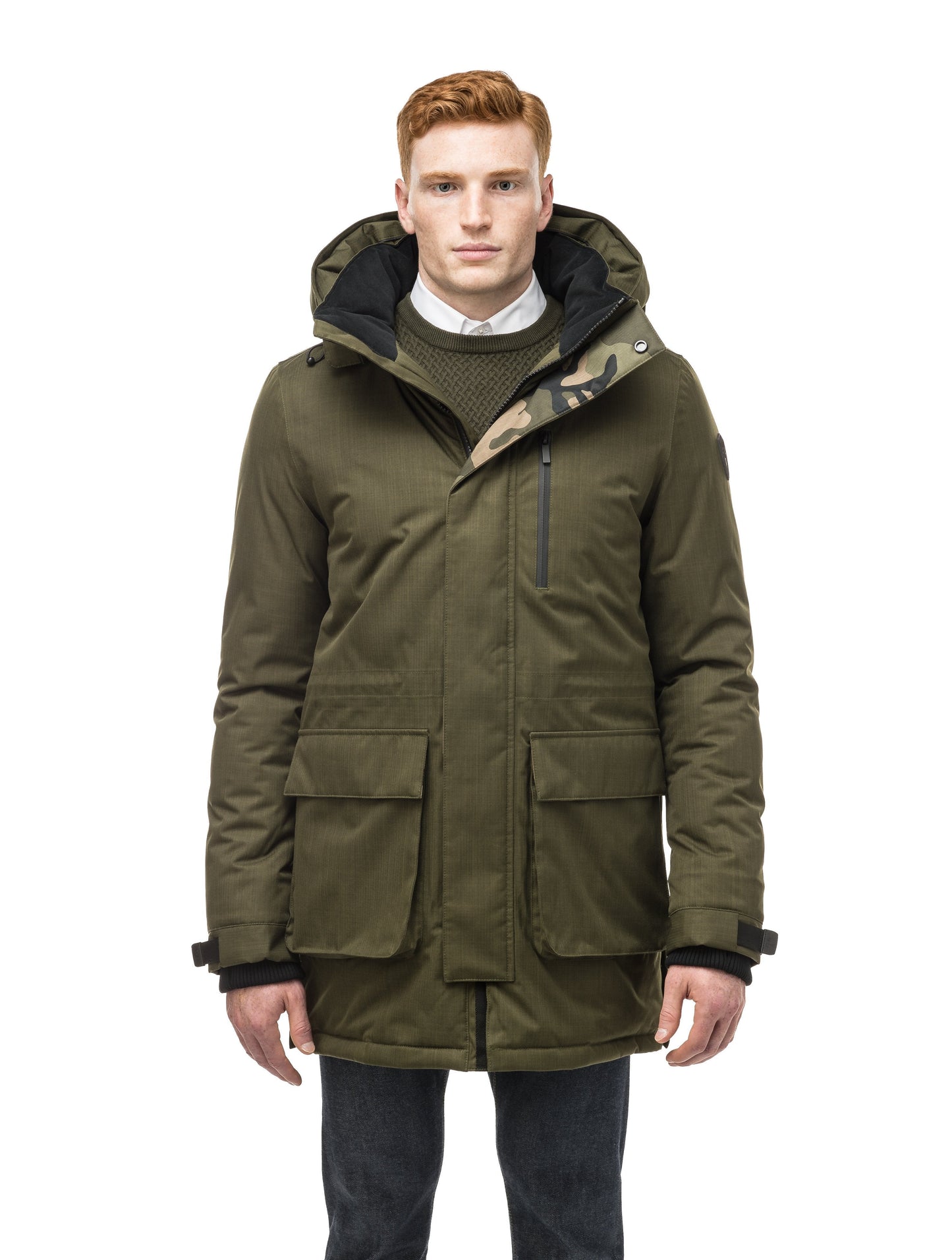 Mid weight men's down filled parka with two patch pockets at the hip and snap closure side vents in Fatigue