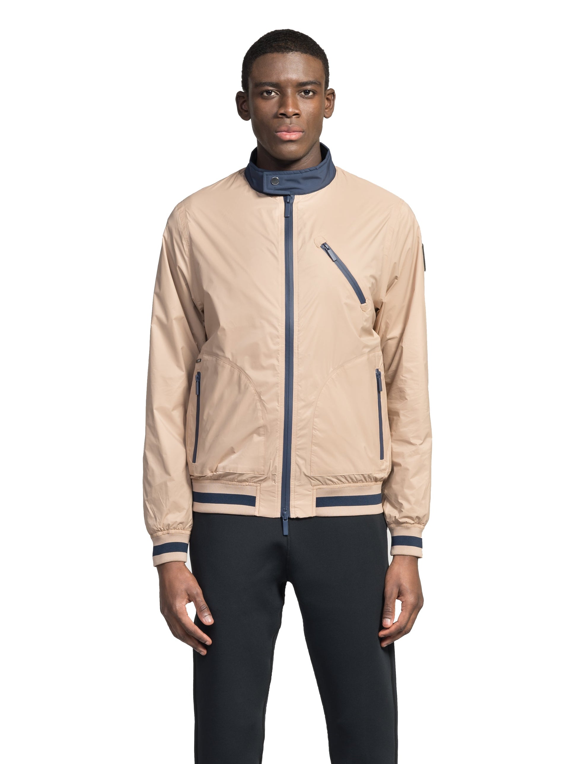 Men's lightweight taffeta bomber jacket with dark contrast trim in Fawn