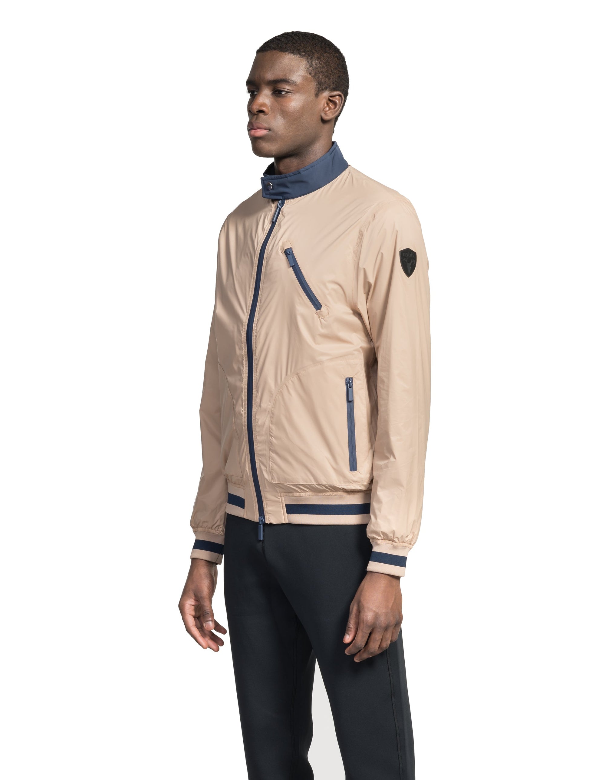 Men's lightweight taffeta bomber jacket with dark contrast trim in Fawn