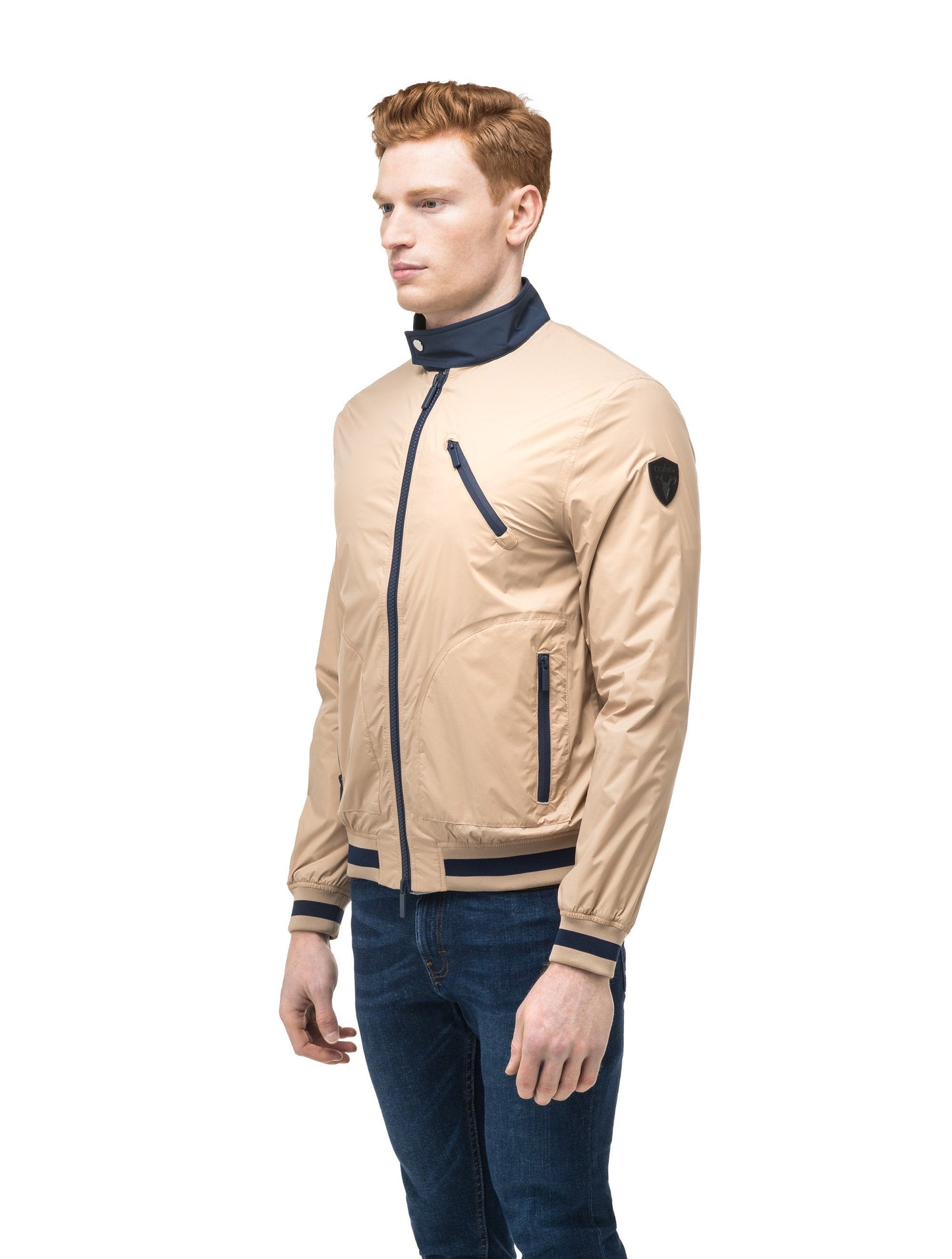 Men's lightweight taffeta bomber jacket with dark contrast trim in Fawn