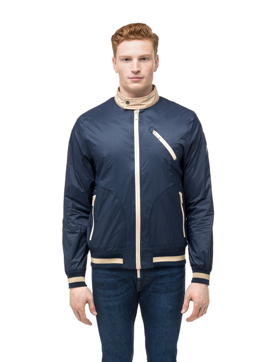 Men's lightweight taffeta bomber jacket with light contrast trim in Marine + Marine