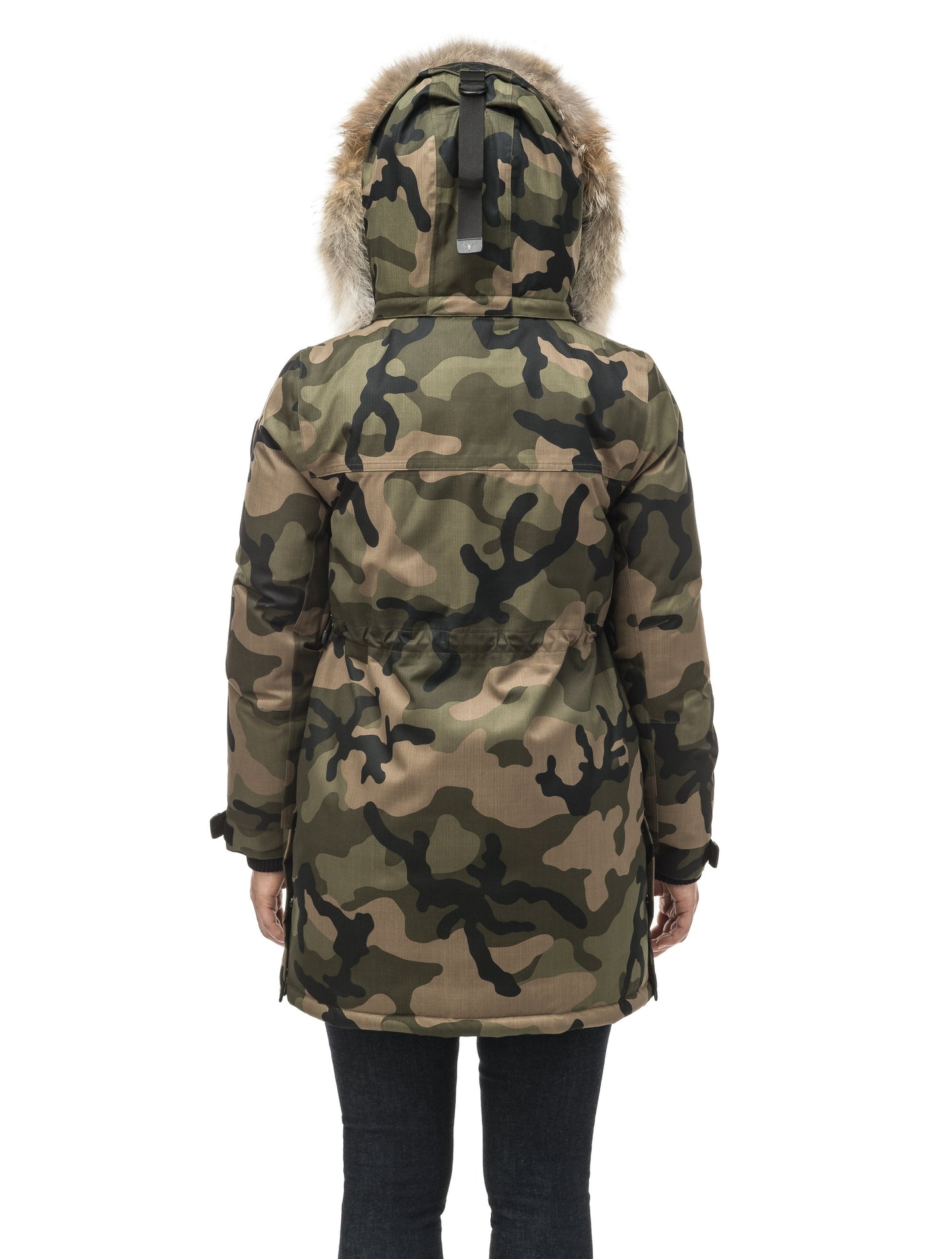 Thigh length women's down filled parka with side entry pockets and drawcord waist, removable hood and fur trim in Camo