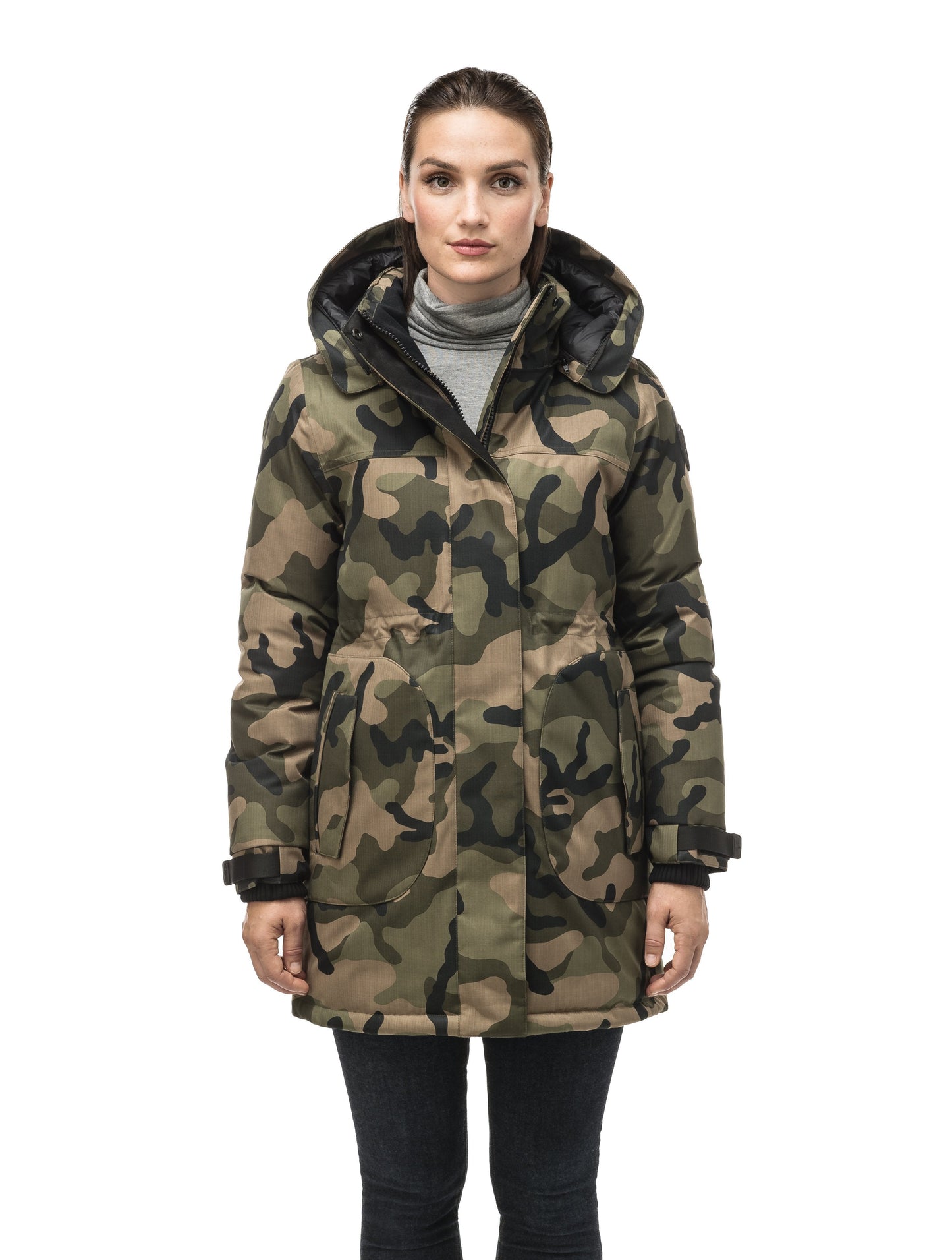 Thigh length women's down filled parka with side entry pockets and drawcord waist, removable hood and fur trim in Camo