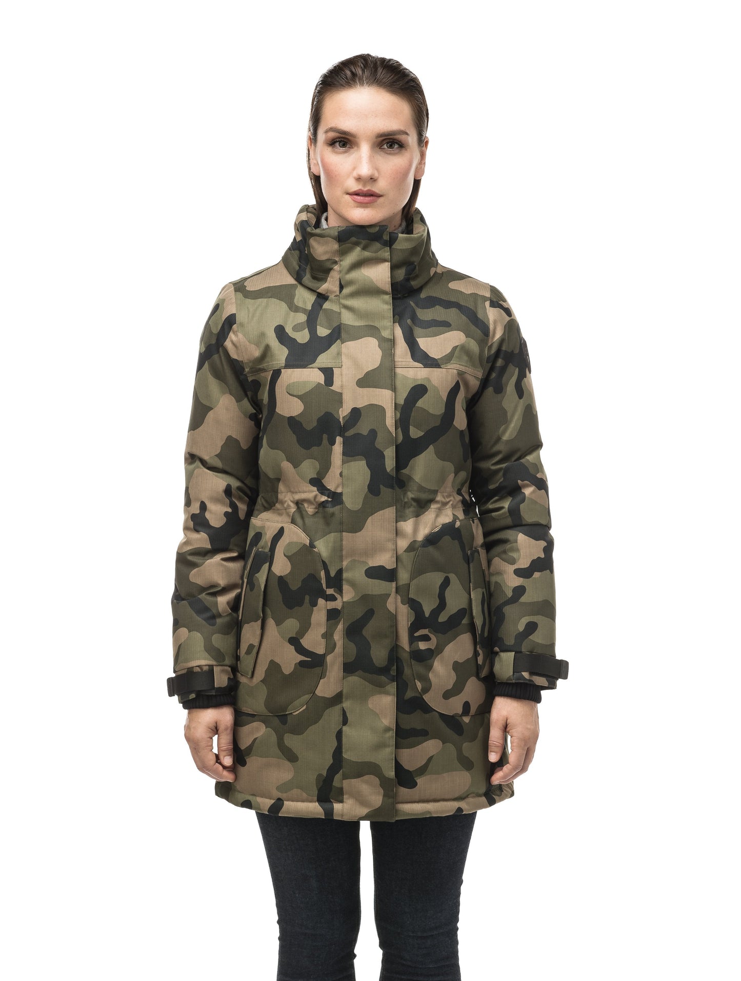 Thigh length women's down filled parka with side entry pockets and drawcord waist, removable hood and fur trim in Camo