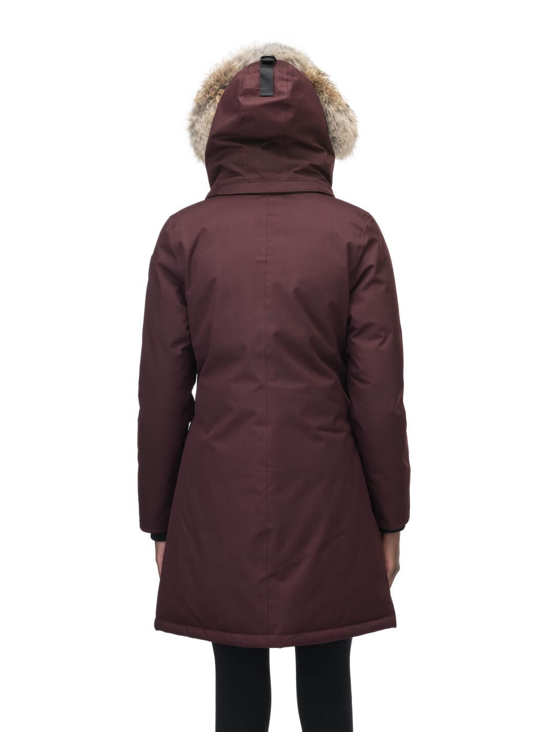 Best selling women's down filled knee length parka with removable down filled hood in Merlot