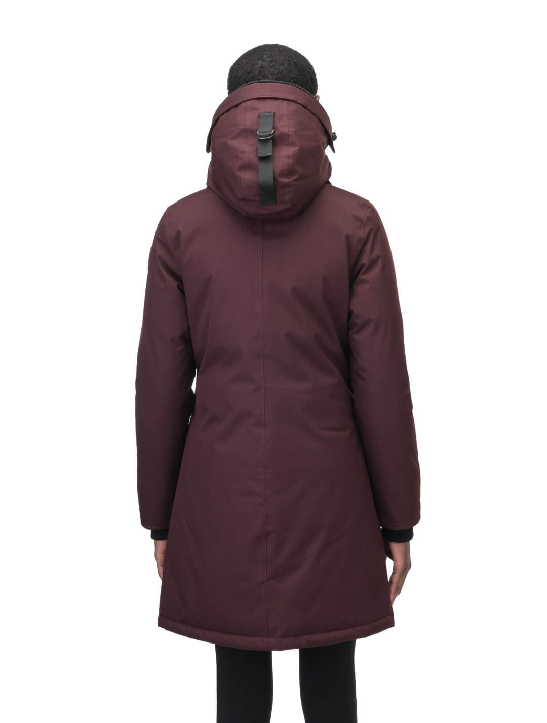 Best selling women's down filled knee length parka with removable down filled hood in Merlot