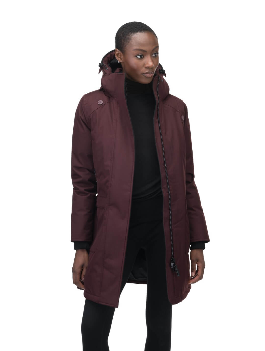 Best selling women's down filled knee length parka with removable down filled hood in Merlot