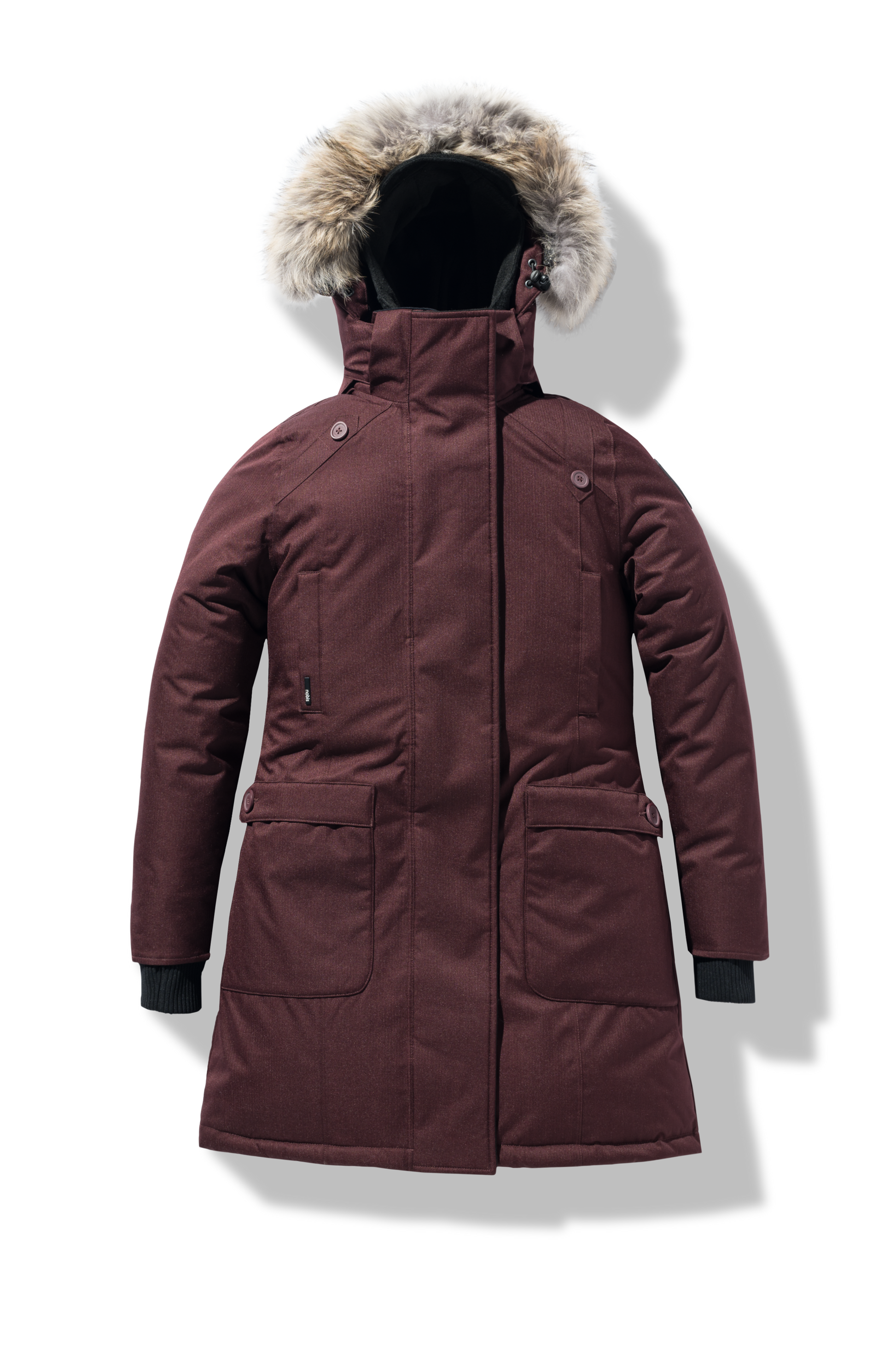 Best selling women's down filled knee length parka with removable down filled hood in Merlot
