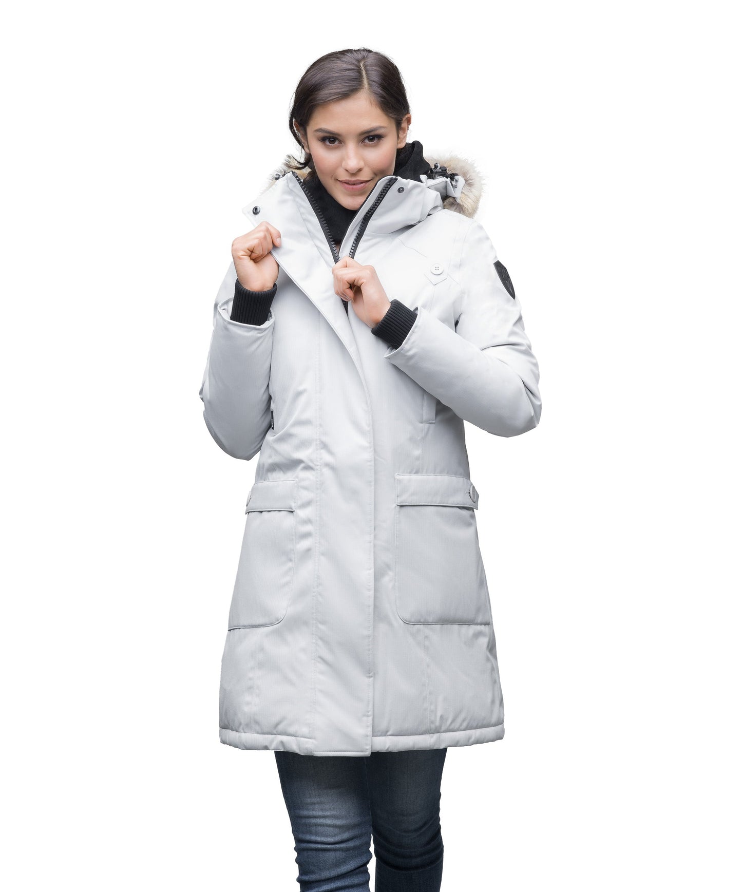 Best selling women's down filled knee length parka with removable down filled hood in CH Light Grey