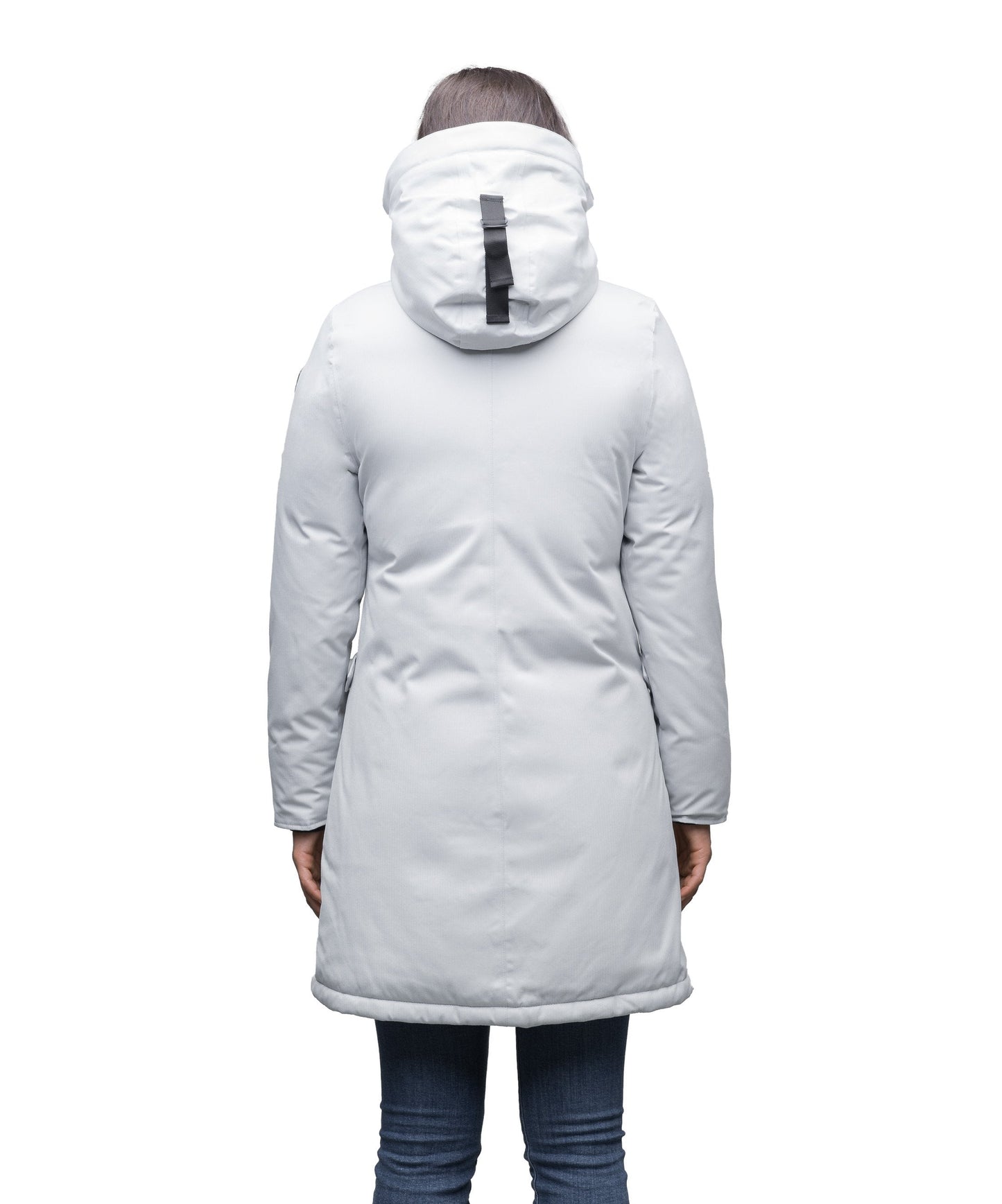 Merideth Furless Ladies Parka in thigh length, Canadian white duck down insulation, removable down-filled hood, centre-front two-way zipper with magnetic wind flap closure, four exterior pockets, and elastic ribbed cuffs, in Light Grey