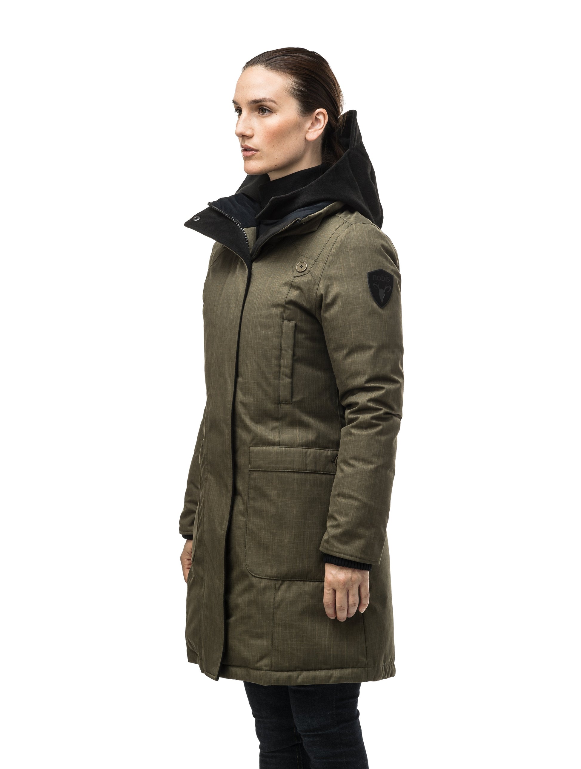 Best selling women's down filled knee length parka with removable down filled hood in CH Army Green