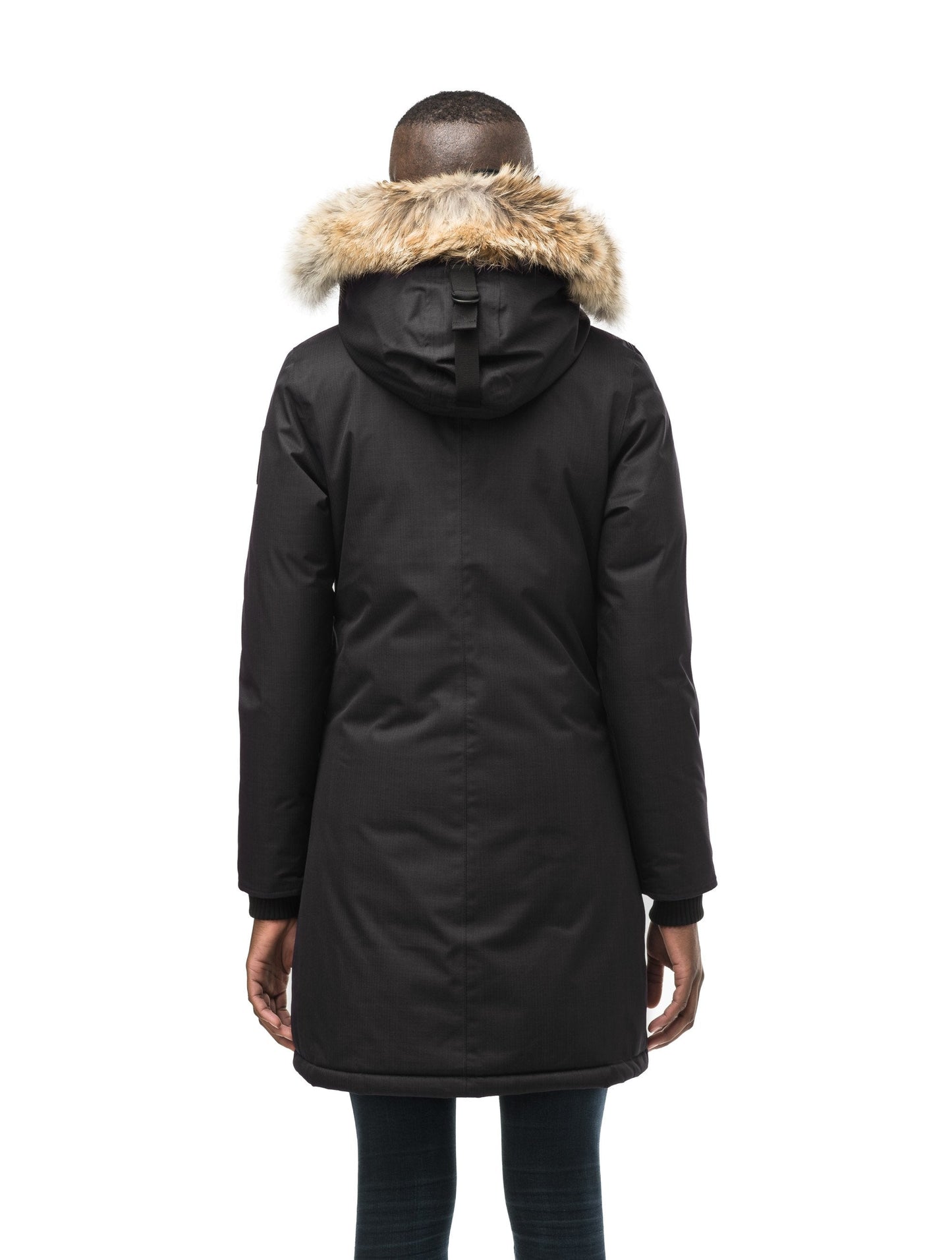 Best selling women's down filled knee length parka with removable down filled hood in CH Black