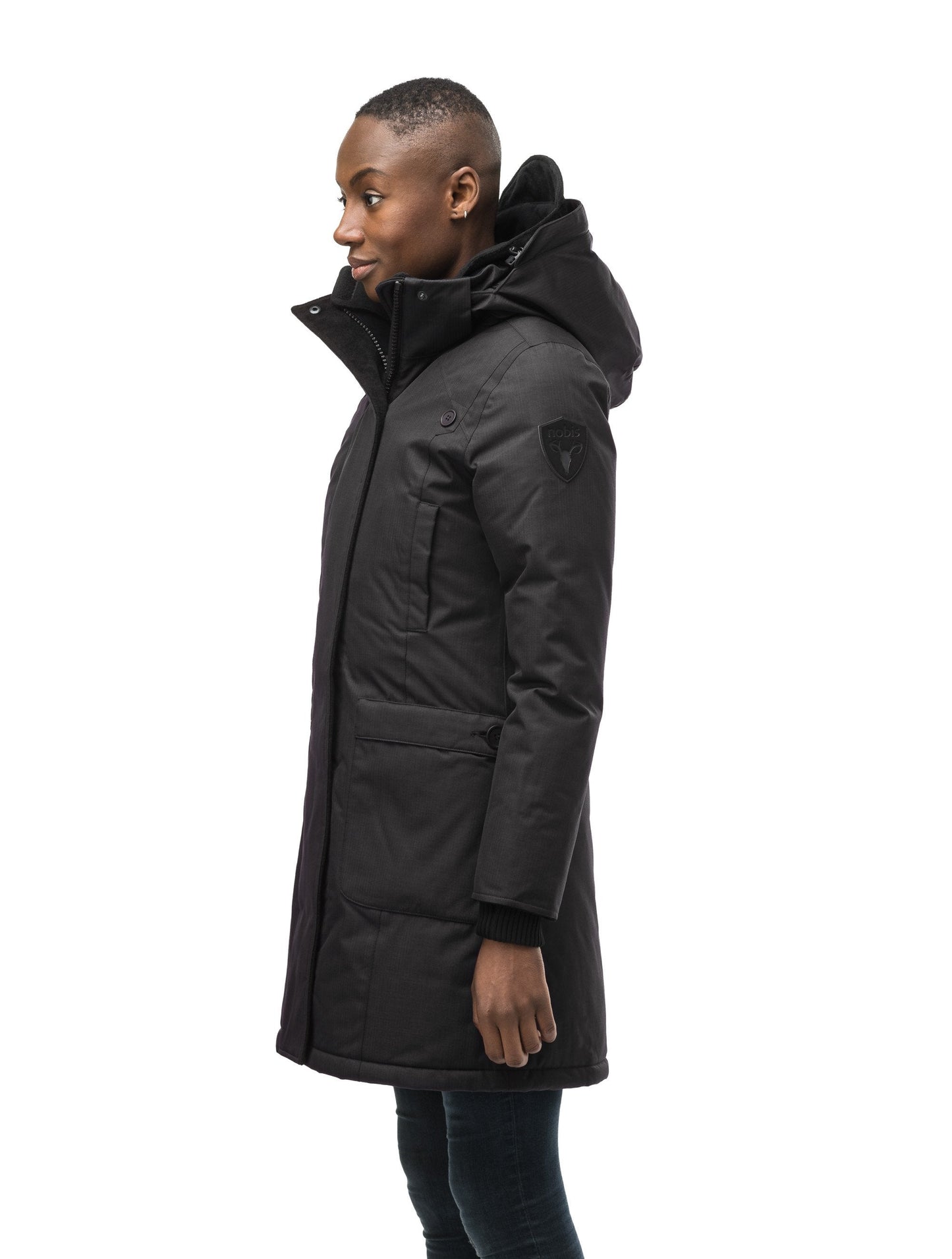 Best selling women's down filled knee length parka with removable down filled hood in CH Black