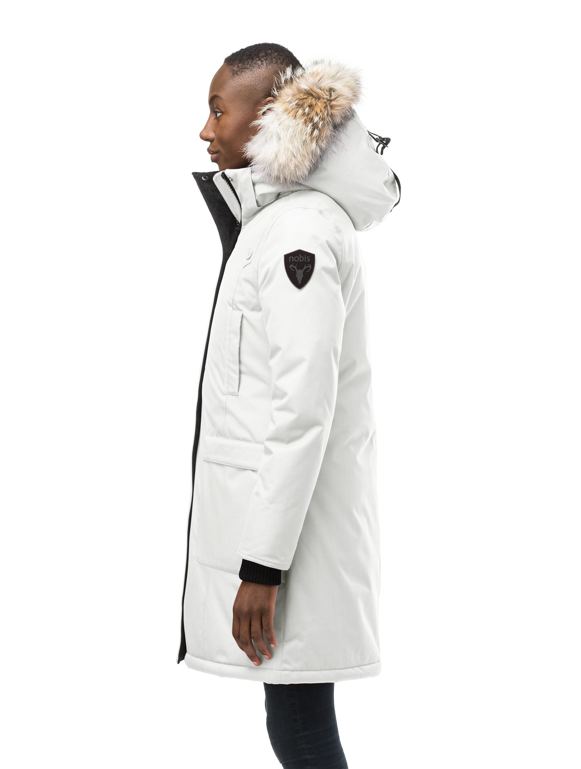 Best selling women's down filled knee length parka with removable down filled hood in Chalk