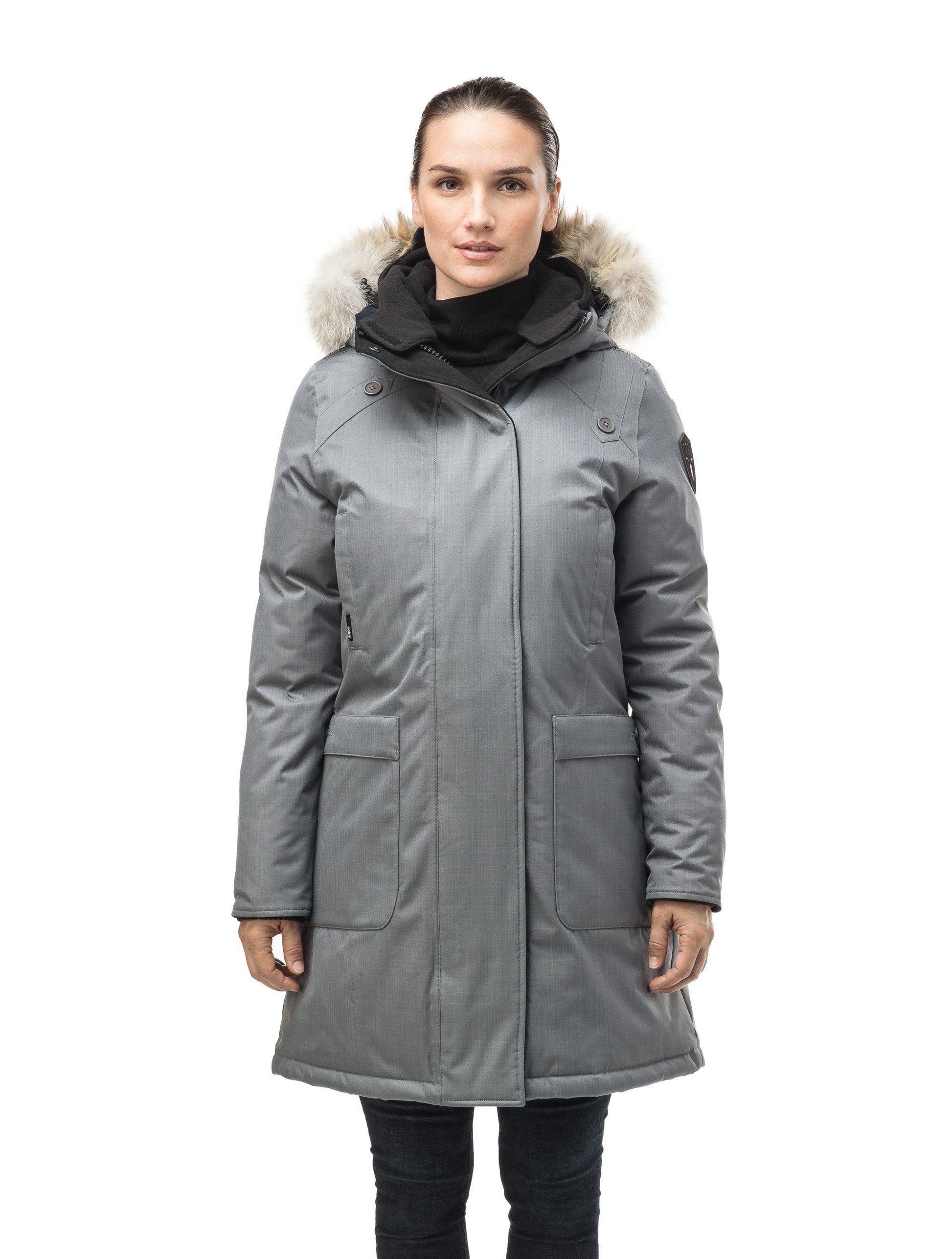 Best selling women's down filled knee length parka with removable down filled hood in CH Concrete