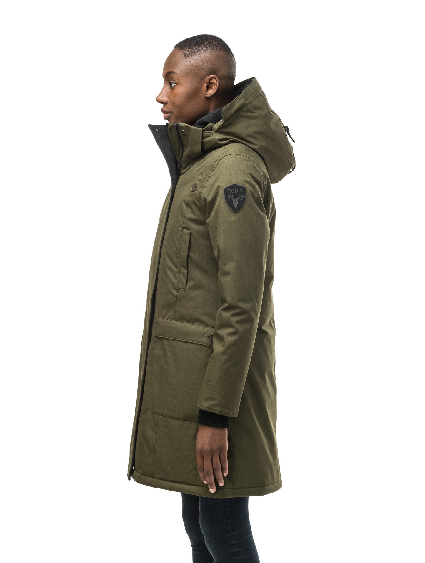 Best selling women's down filled knee length parka with removable down filled hood in CH Fatigue