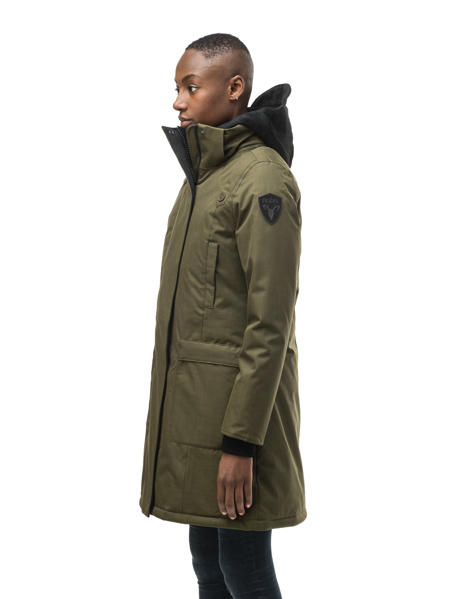 Best selling women's down filled knee length parka with removable down filled hood in CH Fatigue