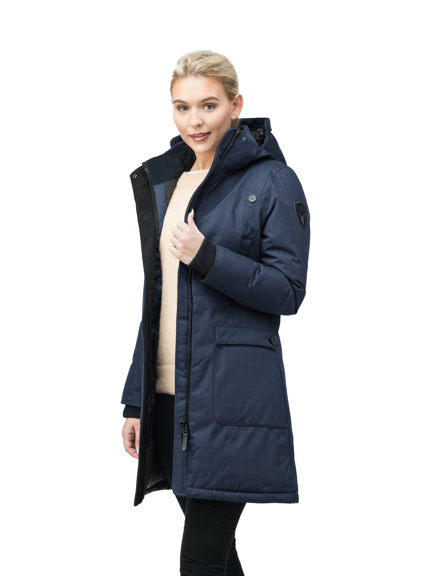 Best selling women's down filled knee length parka with removable down filled hood in CH Navy