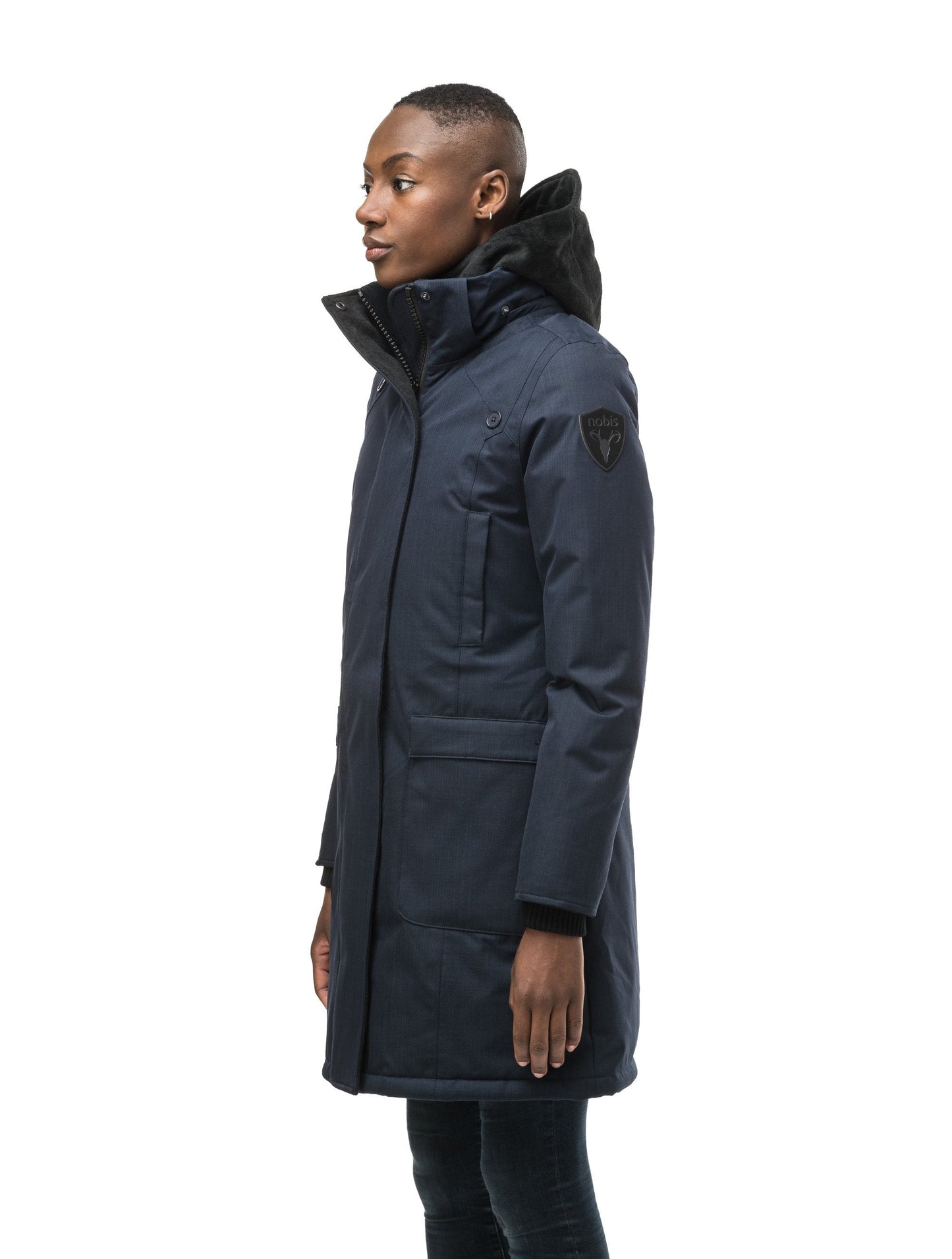 Best selling women's down filled knee length parka with removable down filled hood in CH Navy