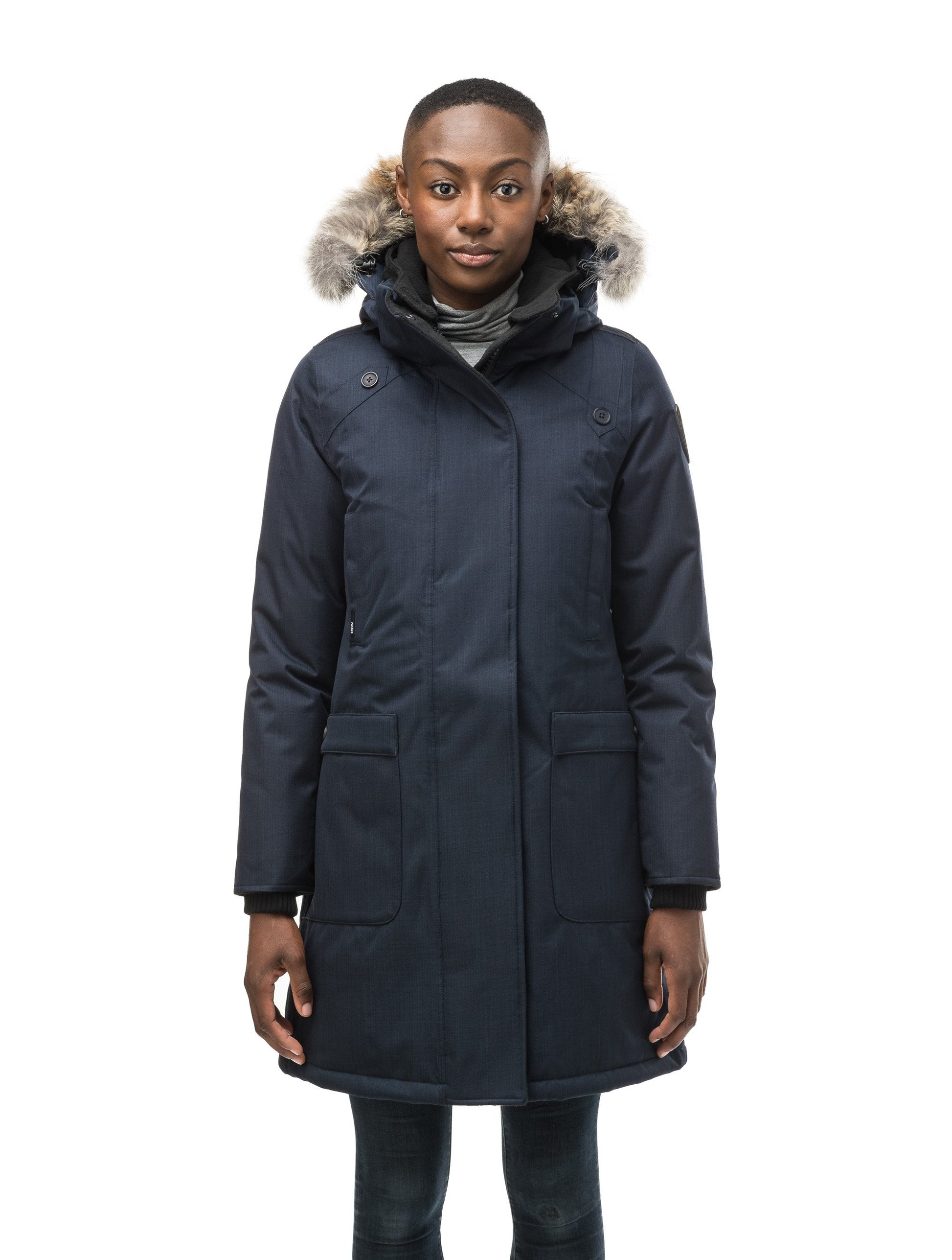 Best selling women's down filled knee length parka with removable down filled hood in CH Navy