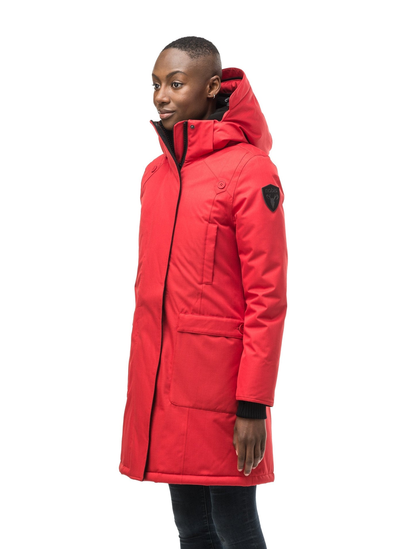 Best selling women's down filled knee length parka with removable down filled hood in CH Red