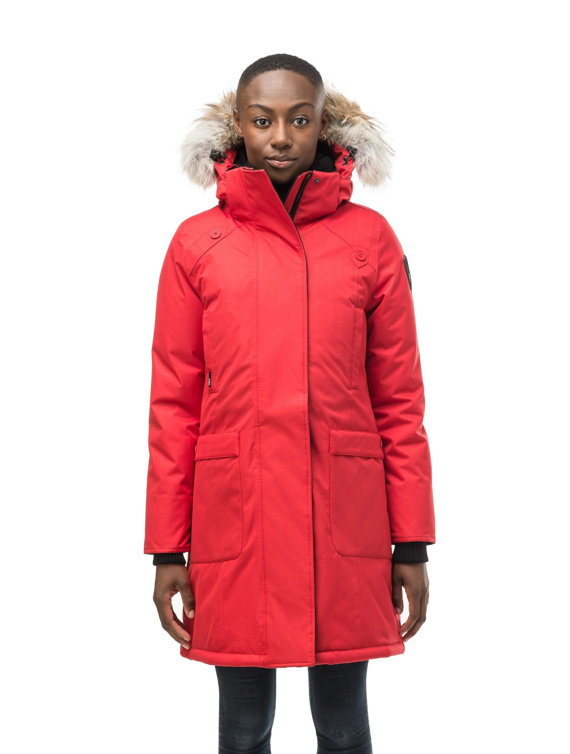 Best selling women's down filled knee length parka with removable down filled hood in CH Red