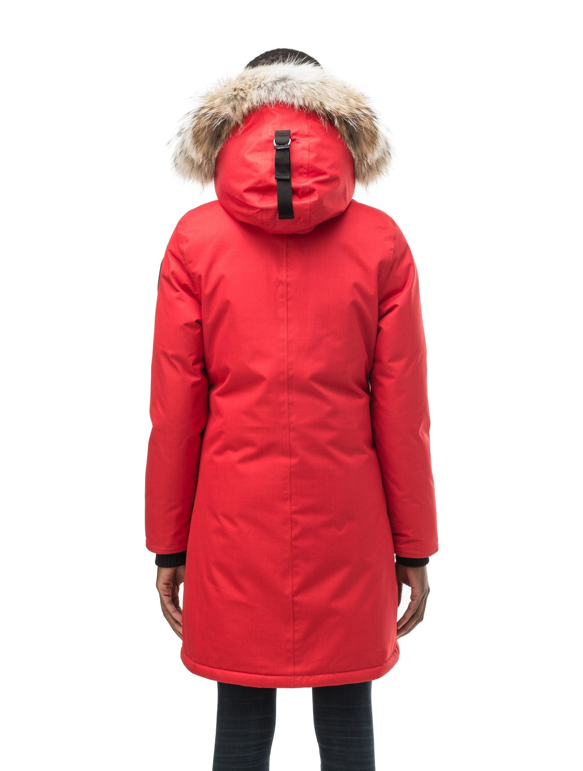 Best selling women's down filled knee length parka with removable down filled hood in CH Red