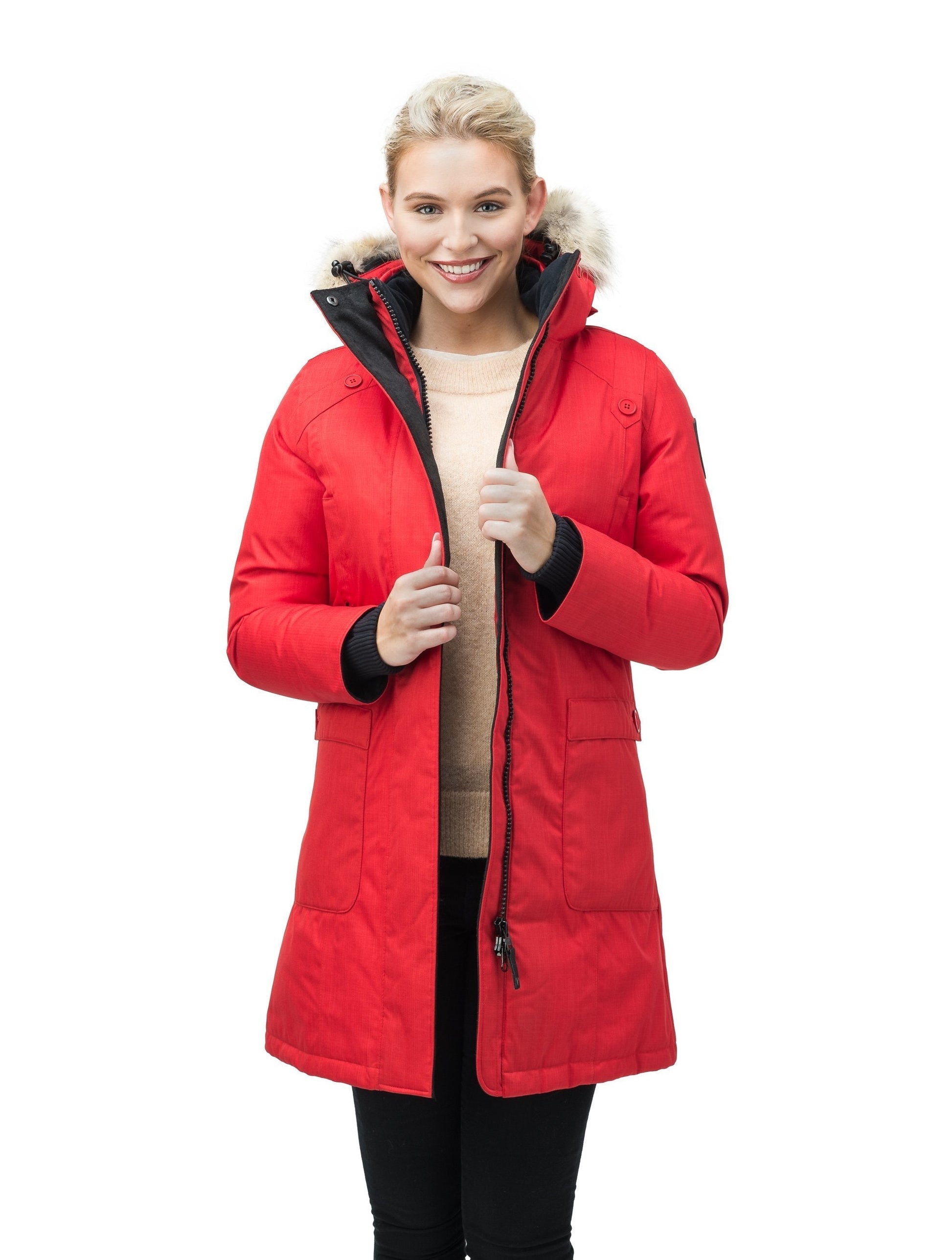 Best selling women's down filled knee length parka with removable down filled hood in CH Red